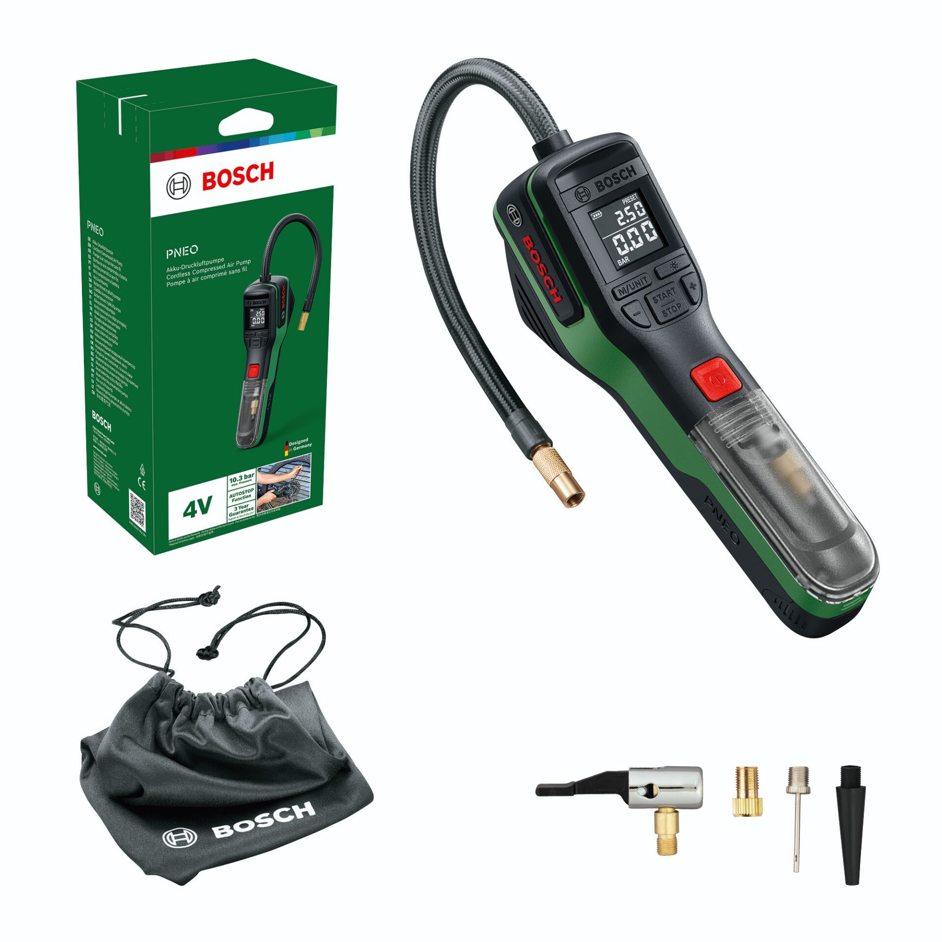 Druckluftpumpe, Akkupumpe, Manometer, 4V, Zubehörset