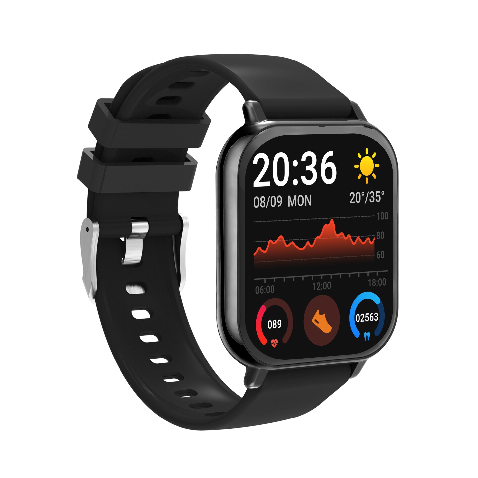 Smartwatch, Apple Watch-like, Silicone strap, Schwarz, Digitalanzeige