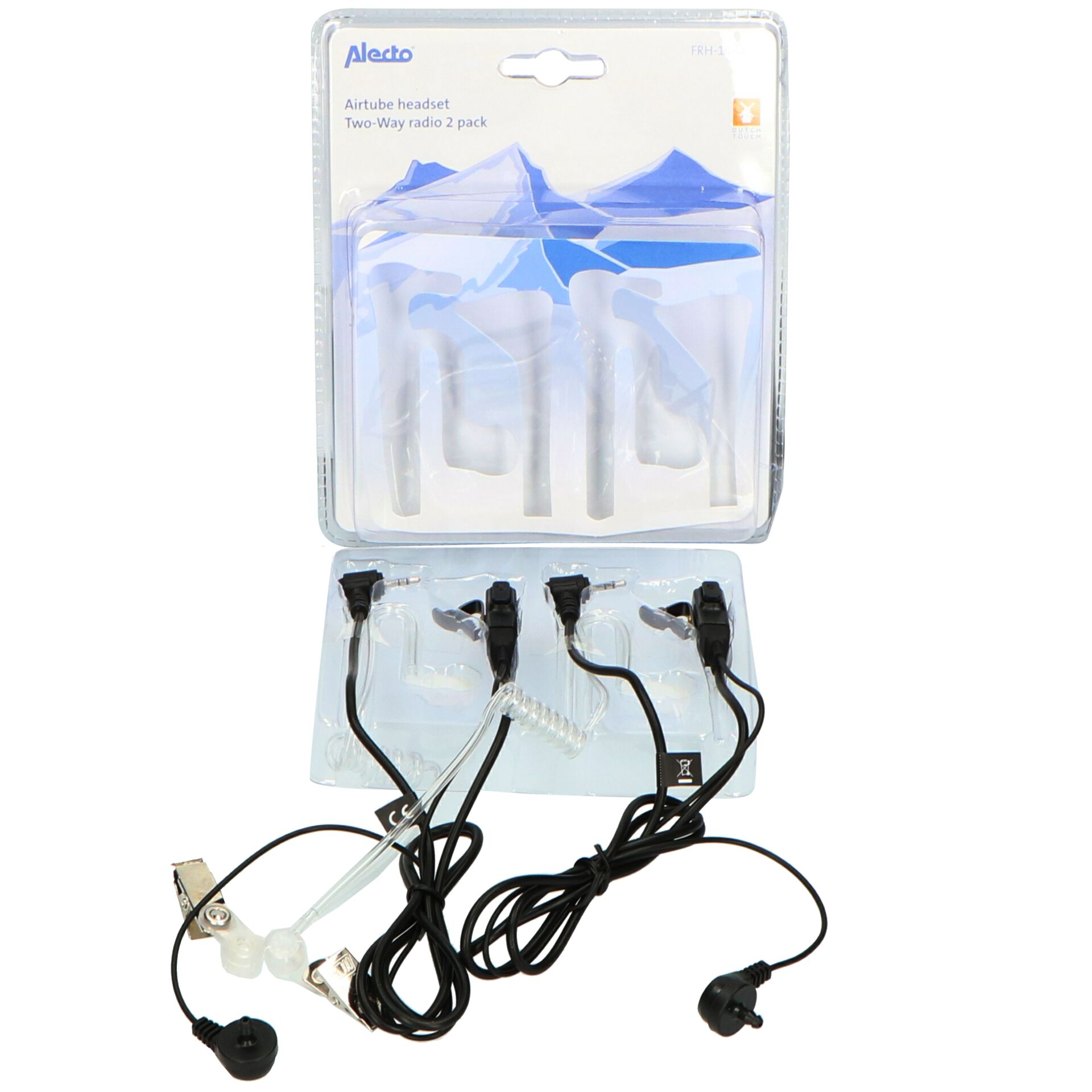Airtube headset, Two-Way radio pack, In-ear plugs, Headset wires, Plastic packaging