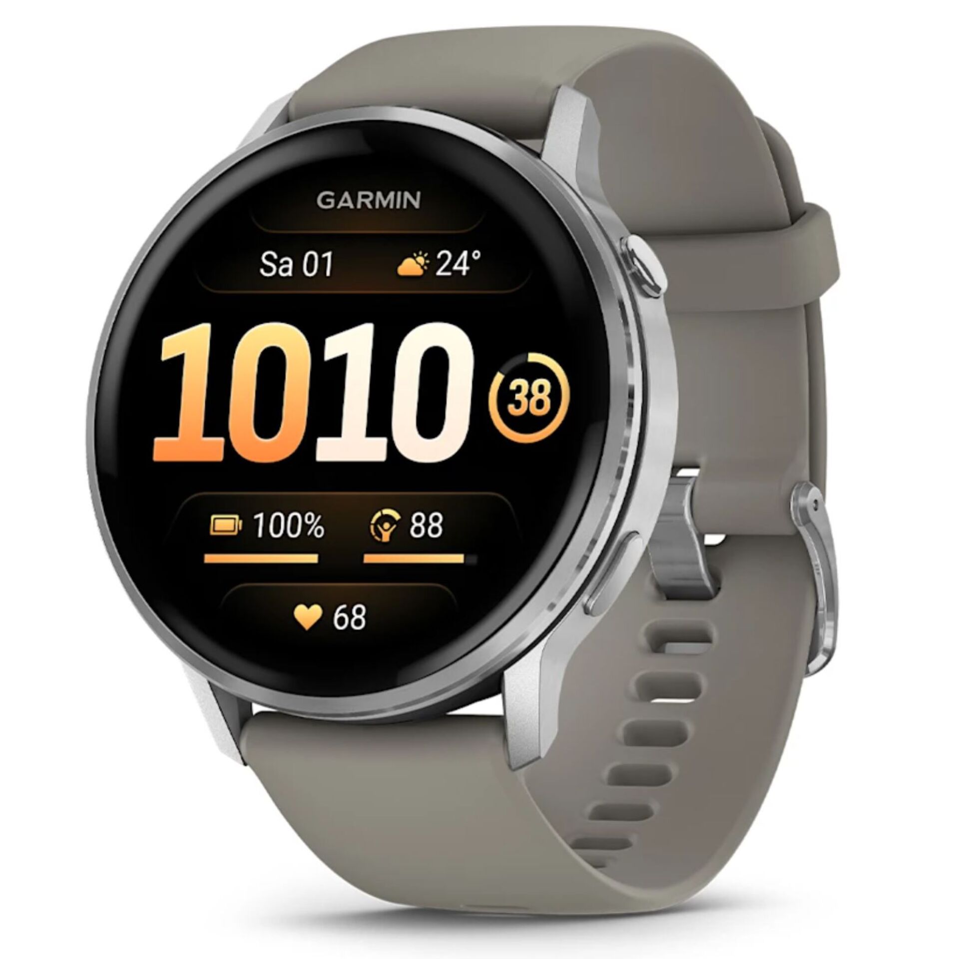 Smartwatch, Digital display, Leather strap, Round face, Silver bezel