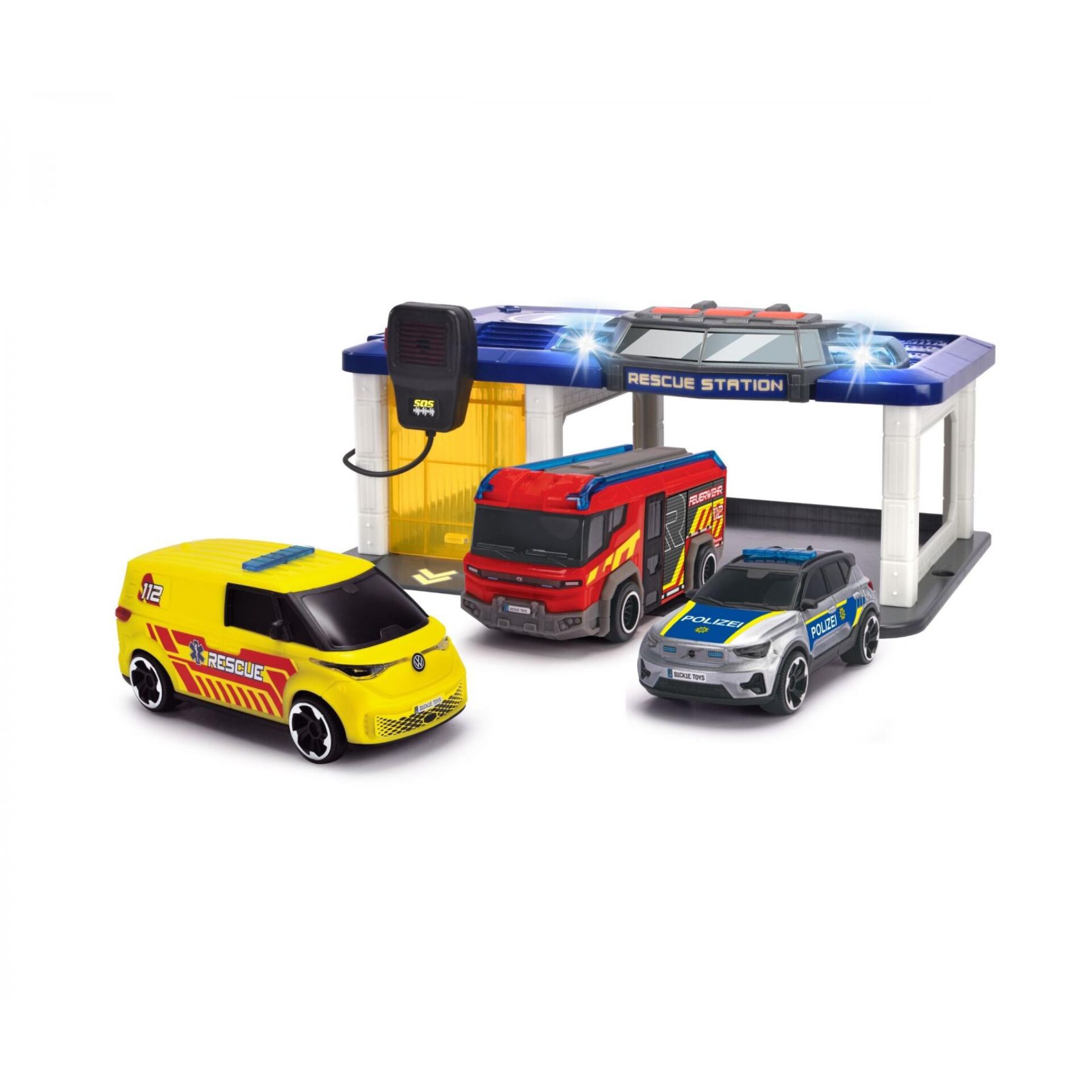Notfallstation, Spielzeugauto, Rettungswagen, Polizei, Feuerwehr