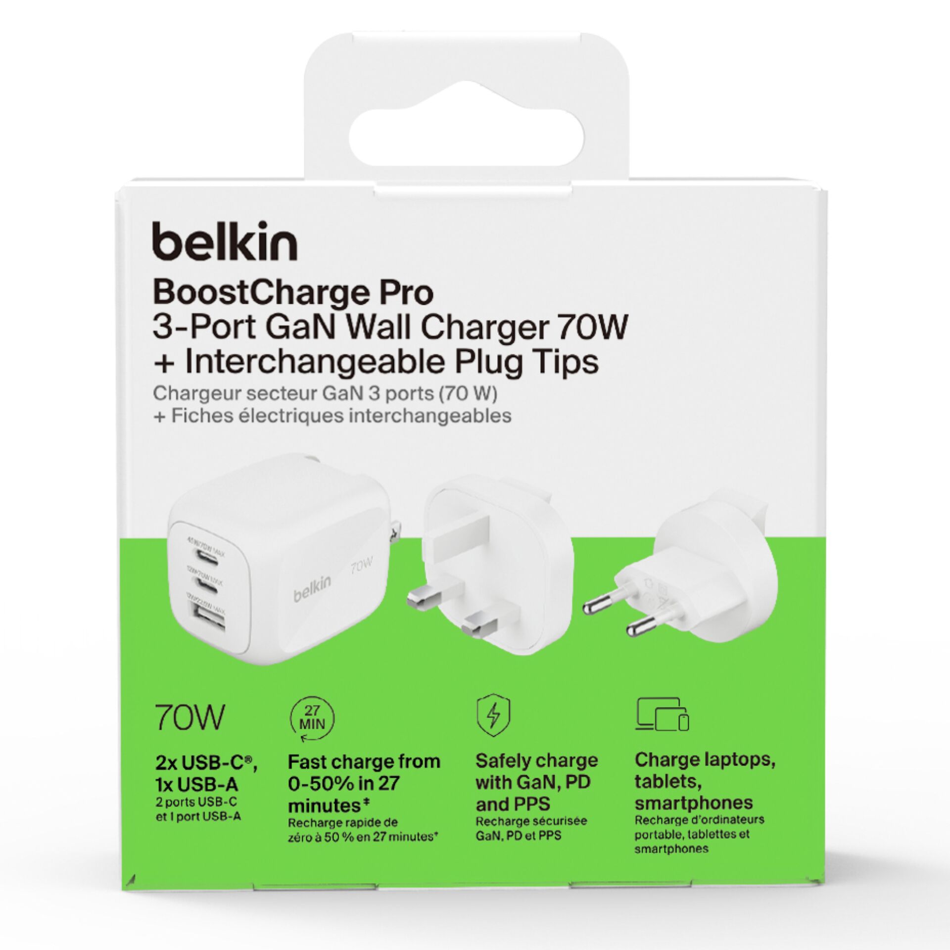 GaN-Wandladowcharg, 3-Port-Ladegerät, 70W, USB-C, austauschbare Tipps