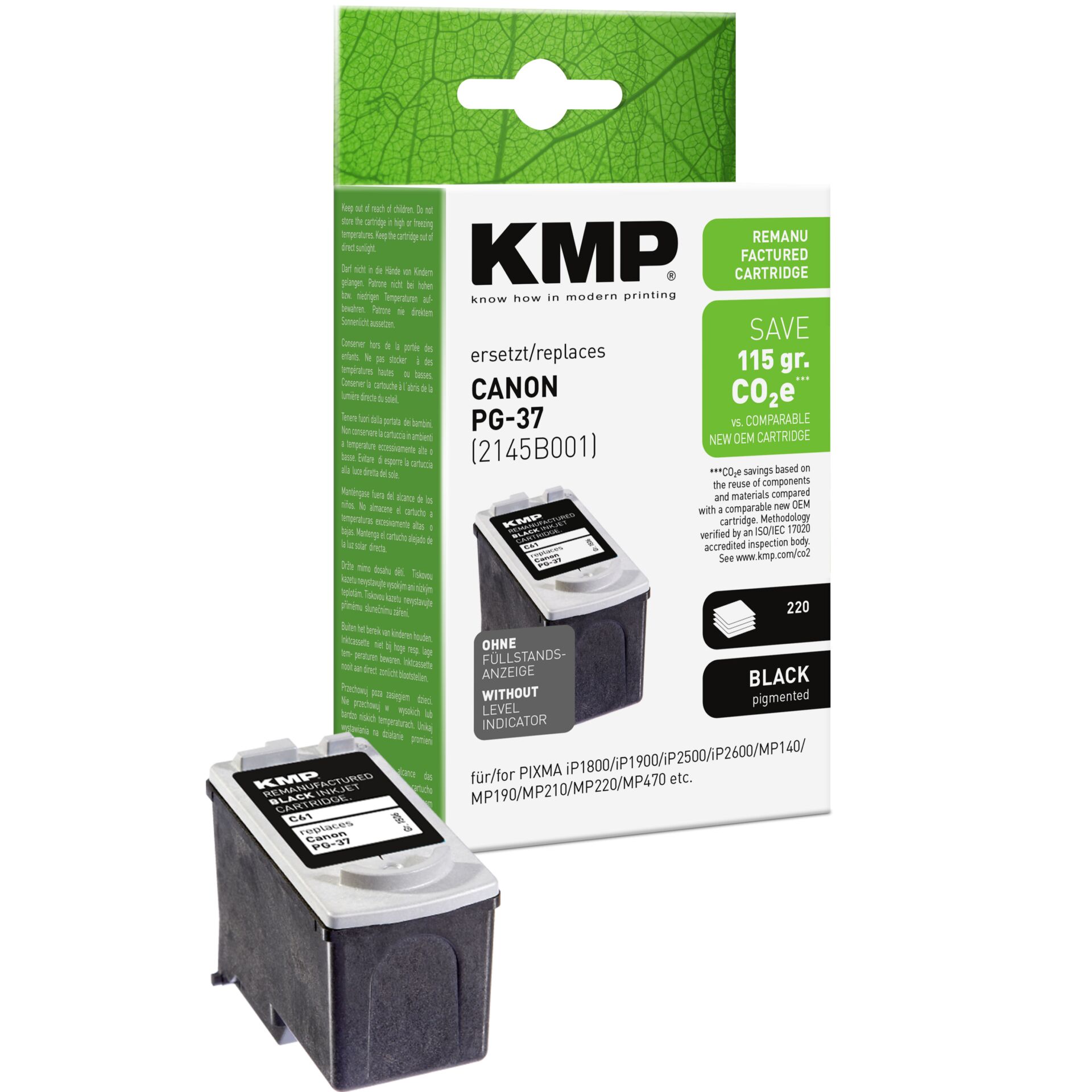 Adapter, Elektronik, QR Code, KMP Tinte, Canon PG-37, Tintenpatrone, Pigmentiert, Schwarz