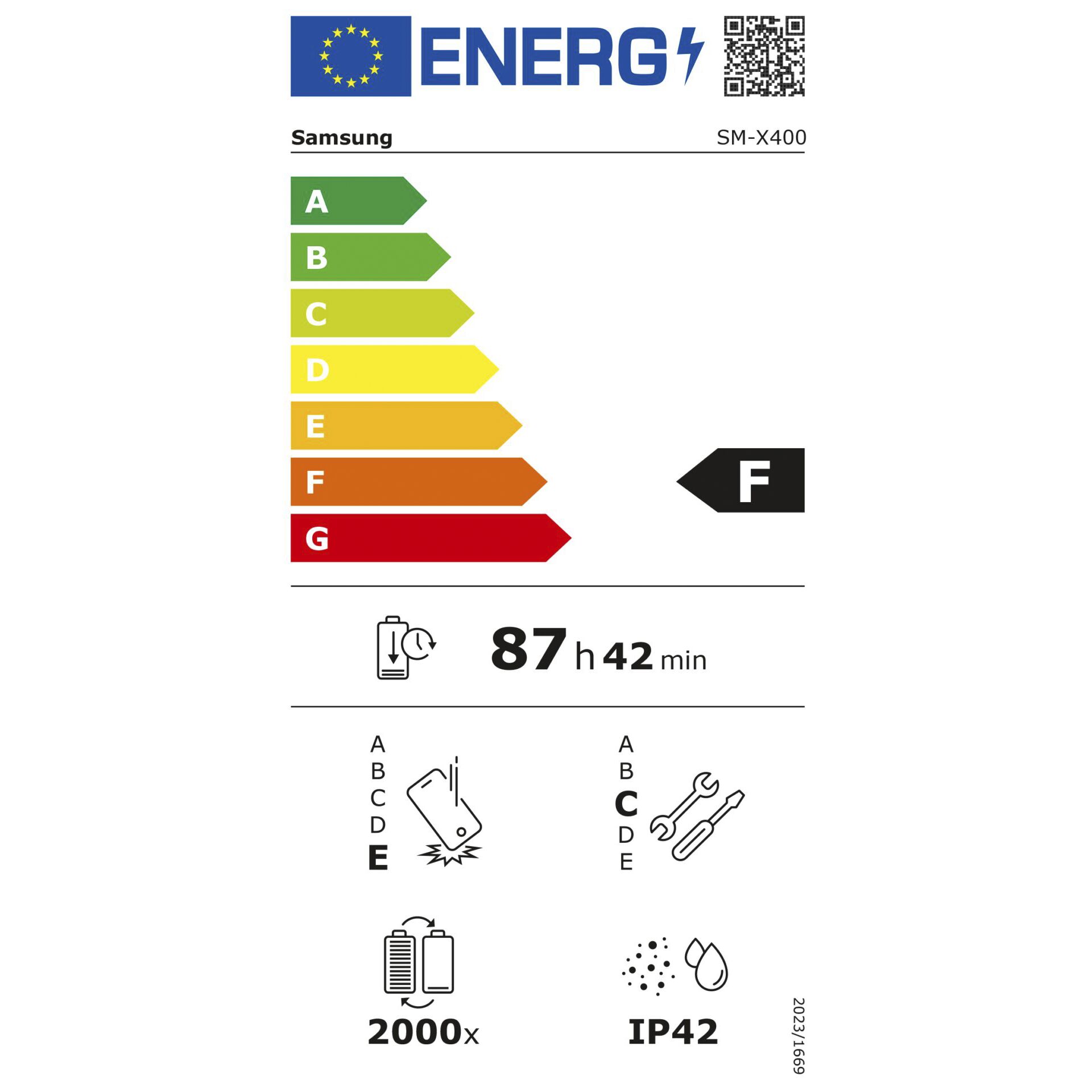 Energiekennzeichnung, A++? nicht angezeigt, Samsung SM-X400, 87 h 42 min, Batterien, IP42