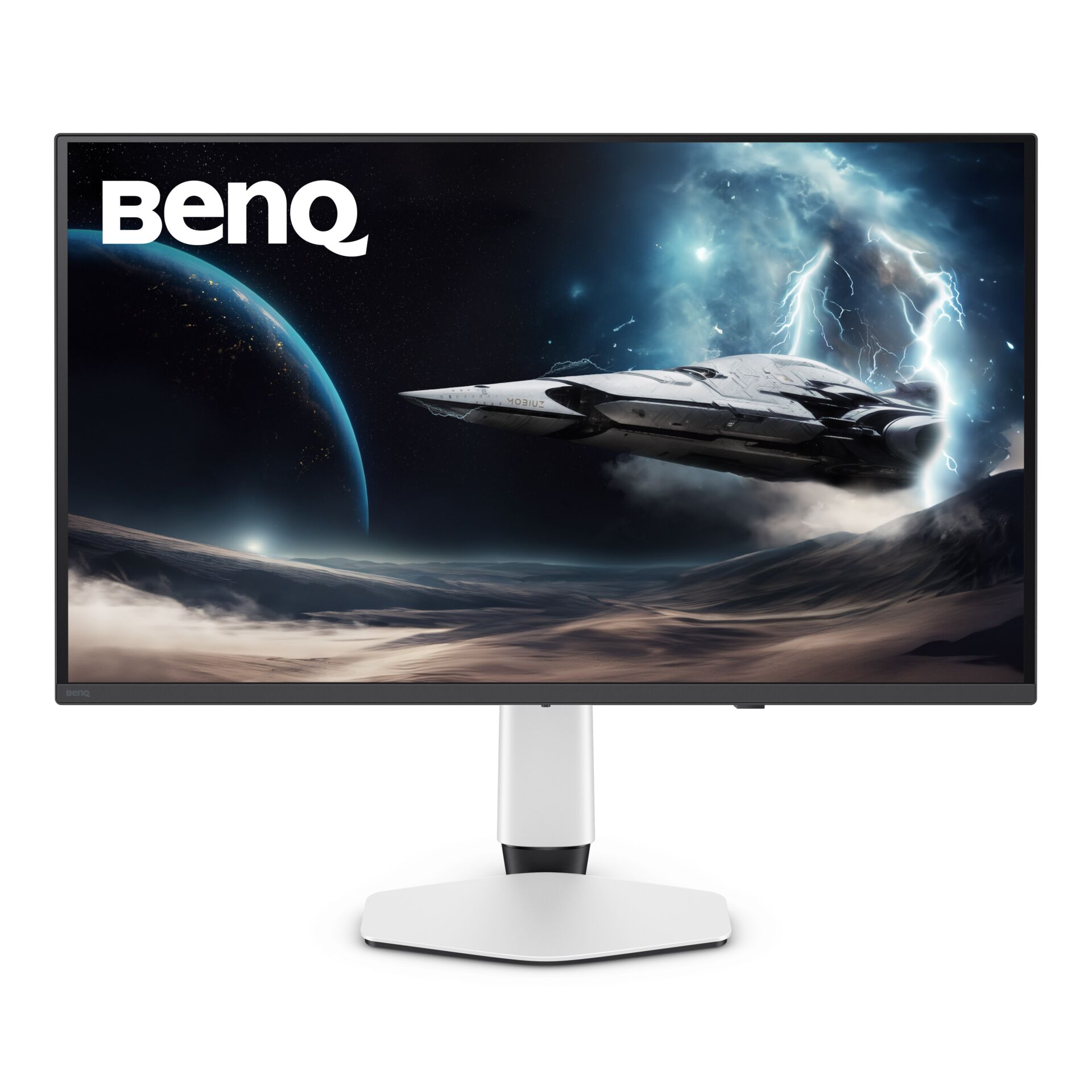 Monitor, weißer Standfuß, schwarzer Bildschirmrahmen, Flachbildschirm