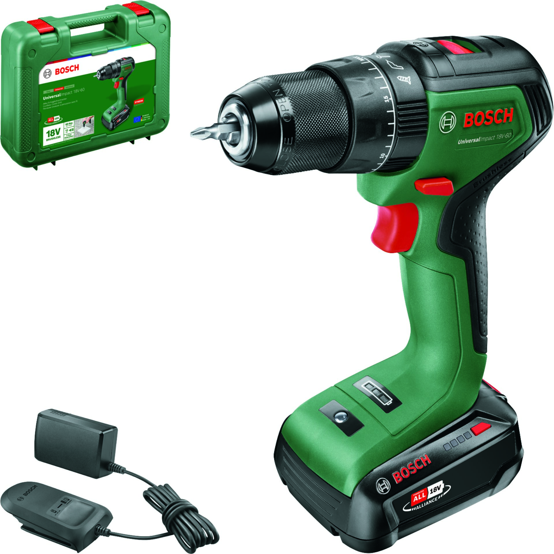 Kompakt-Bohrschrauber, Akku-Bohrmaschine, 18V, Grün-Schwarz, Schnellspannfutter