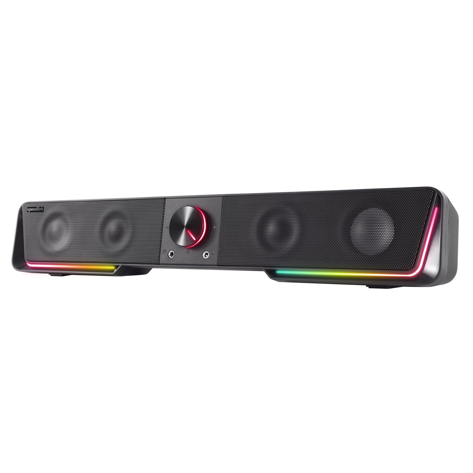 Soundbar, RGB-Beleuchtung, Bluetooth, USB-Anschlüsse, Zentraler Drehknopf