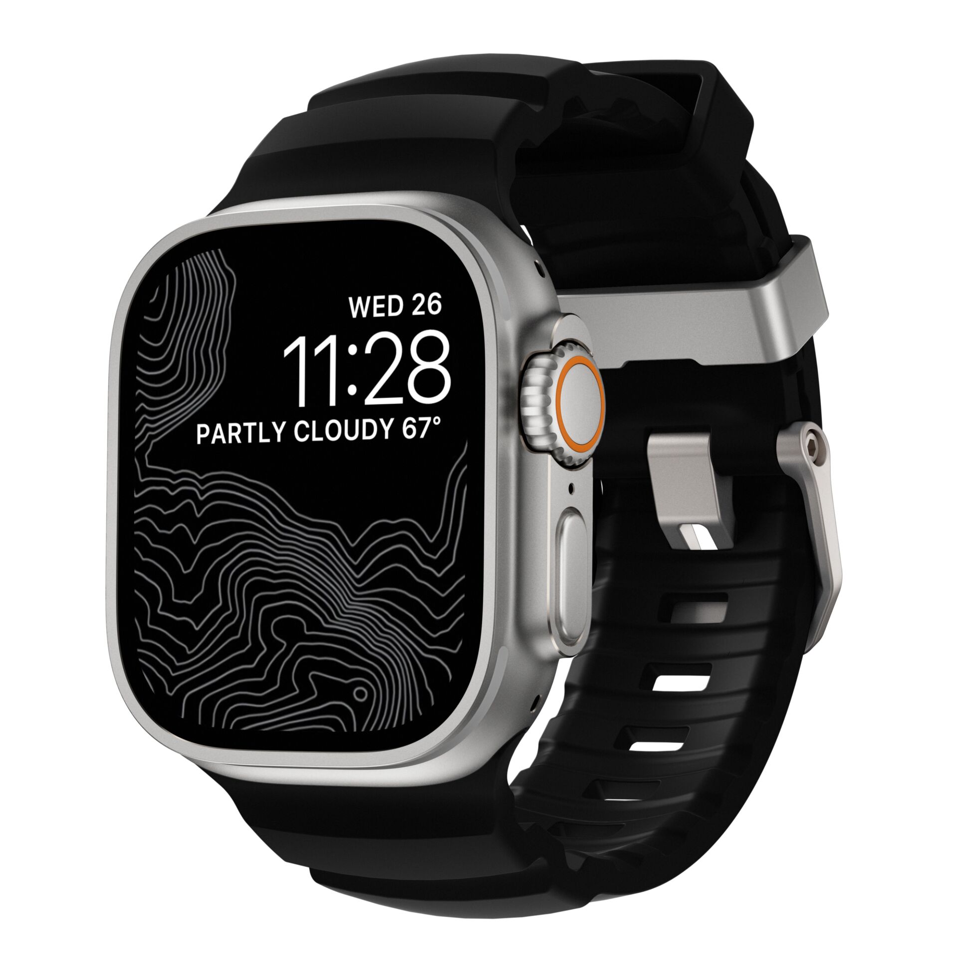 Smartwatch, Digital display, Schwarzer Armband, Silbernes Gehäuse, Seitliche Krone