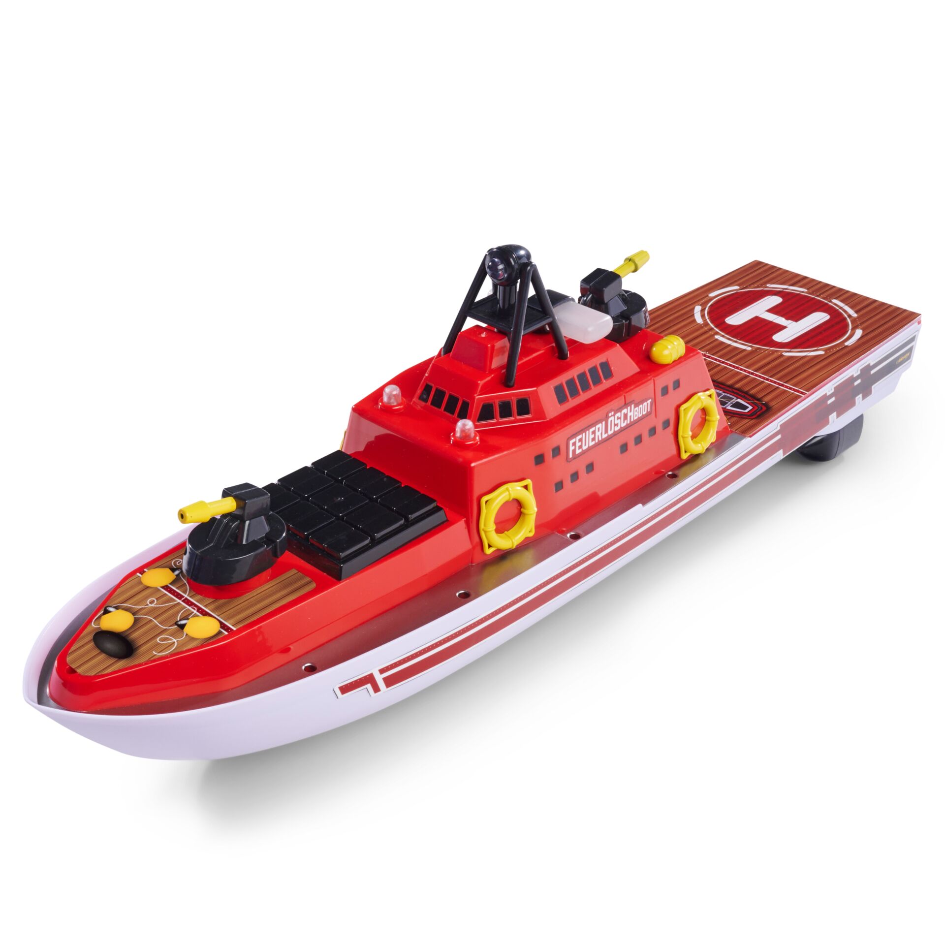 Feuerlöschboot, Spielzeugboot, Rot, Holzoptik, Helikopterromantik