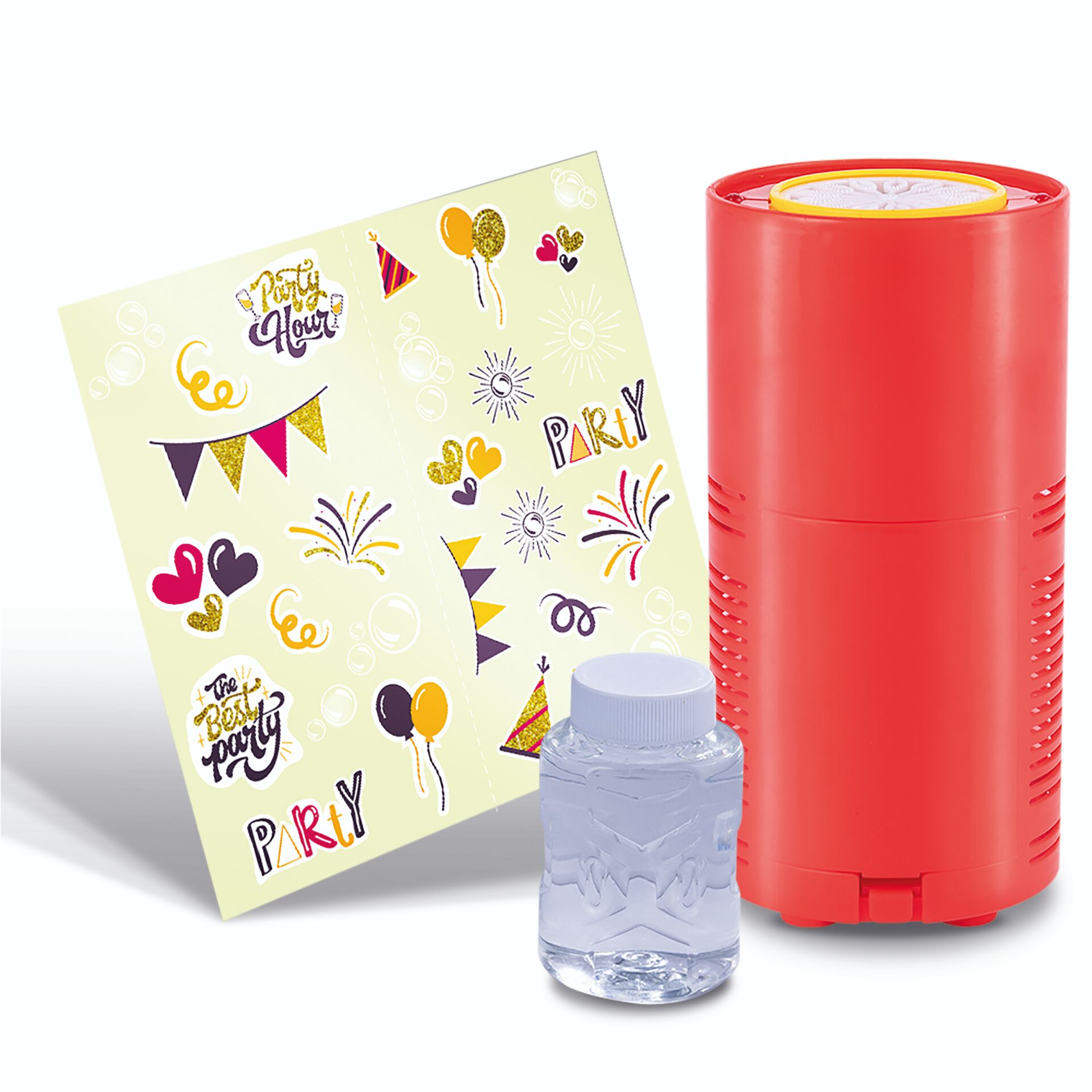 party kit, confetti, balloons, bottle, red dispenser