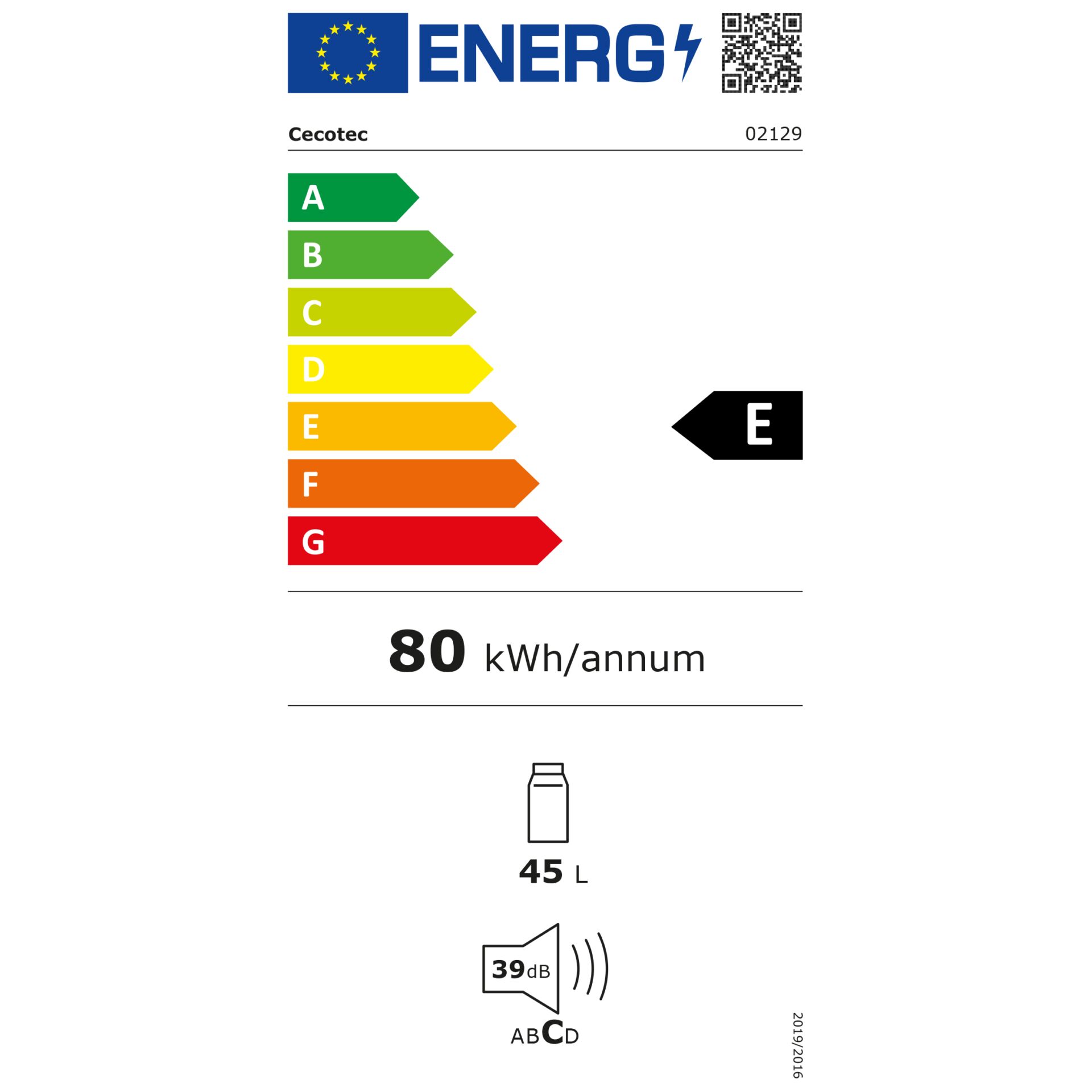80 kWh/anno, 45 L, Energieetikett E, Lautstärke 39 dB, Kühlschrankgröße 45 L