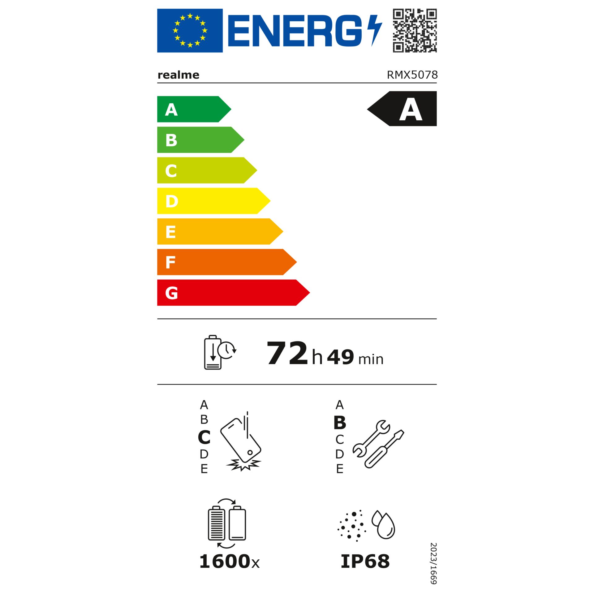 Energieeffizienz A, 72 h 49 min, Akkuladung, Realme RMX5078, Ladeanschluss