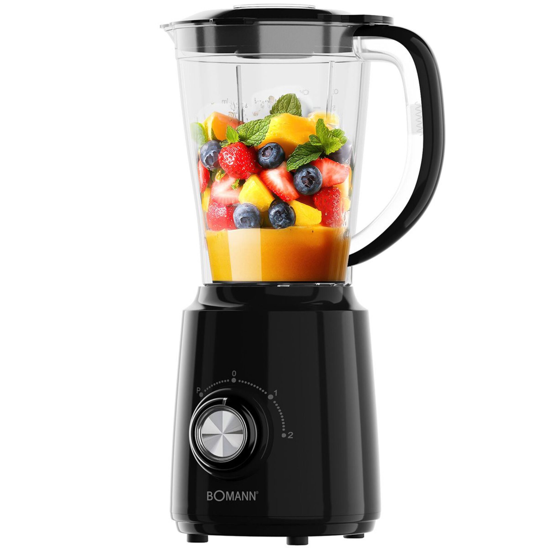Smoothie, Mixer, Glaskrug, Schwarzer Sockel, Fruchtmischung
