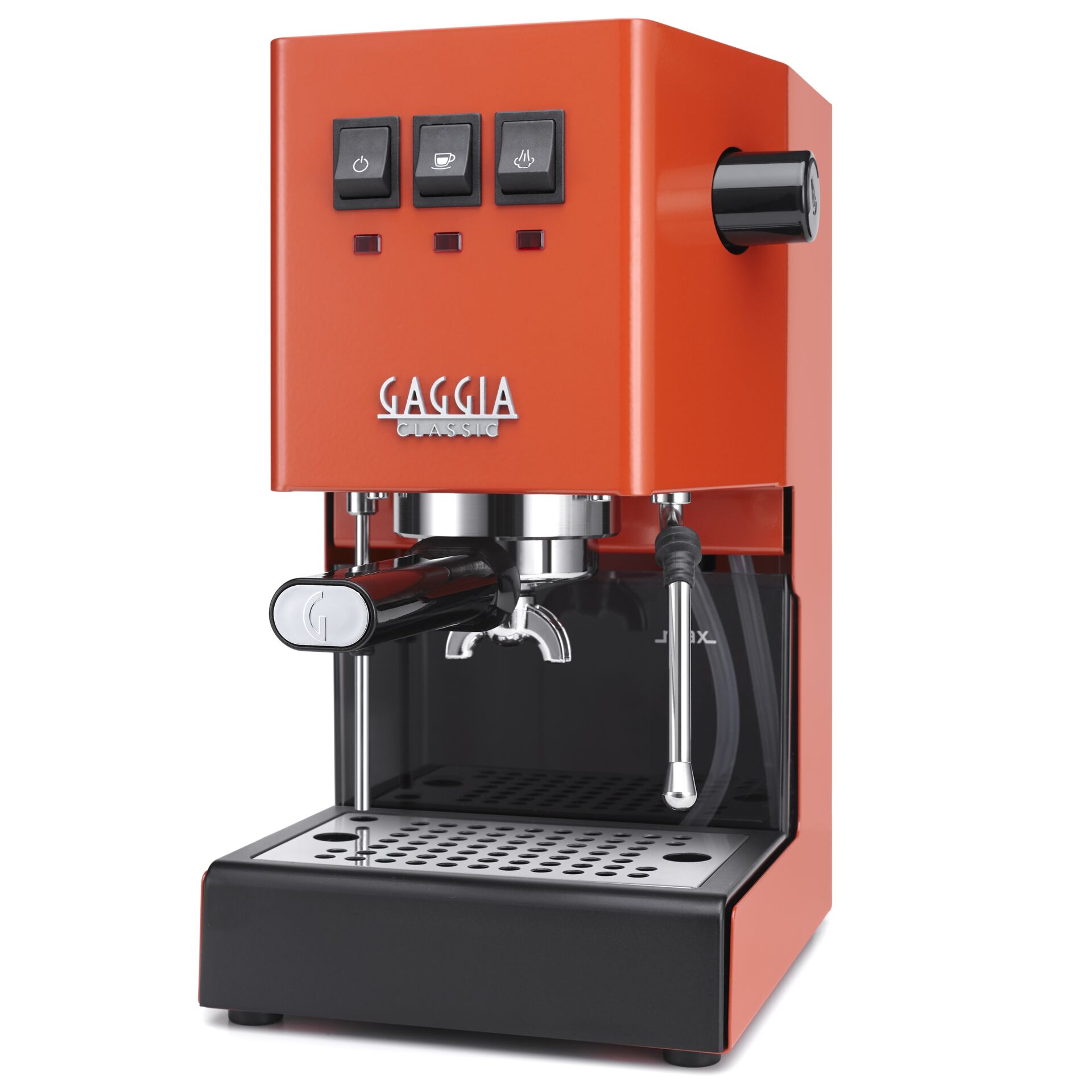 Espresso-Kaffeemaschine, Edelstahl, Rot/orange, Portafilter, Dampfhebel