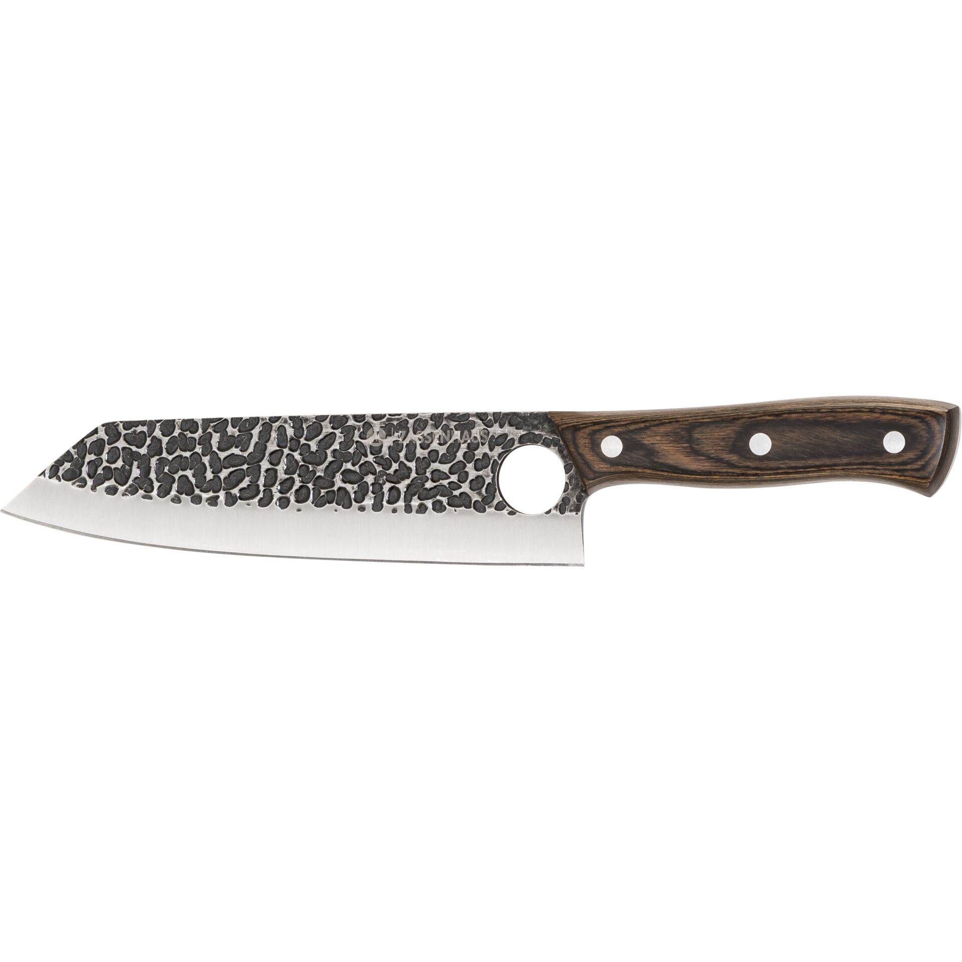 Santoku, Hammered blade, Dimpled pattern, Wood handle, Full tang