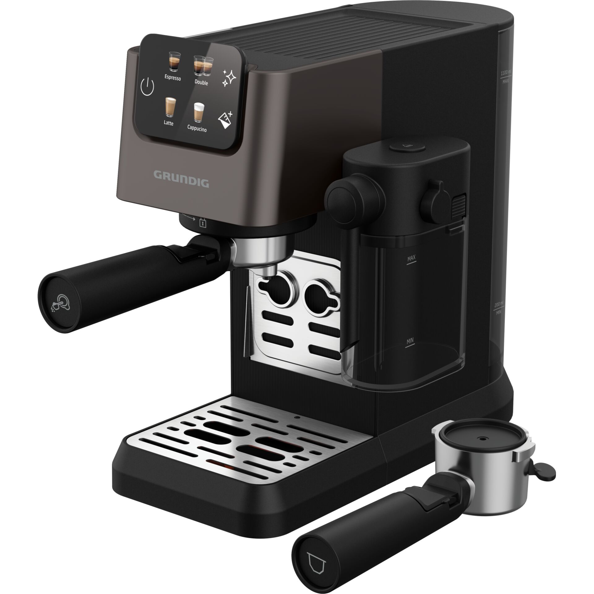 Espresso Maschine, Kaffeemaschine, Portafilter, Milchschaum, Grindig-Logo