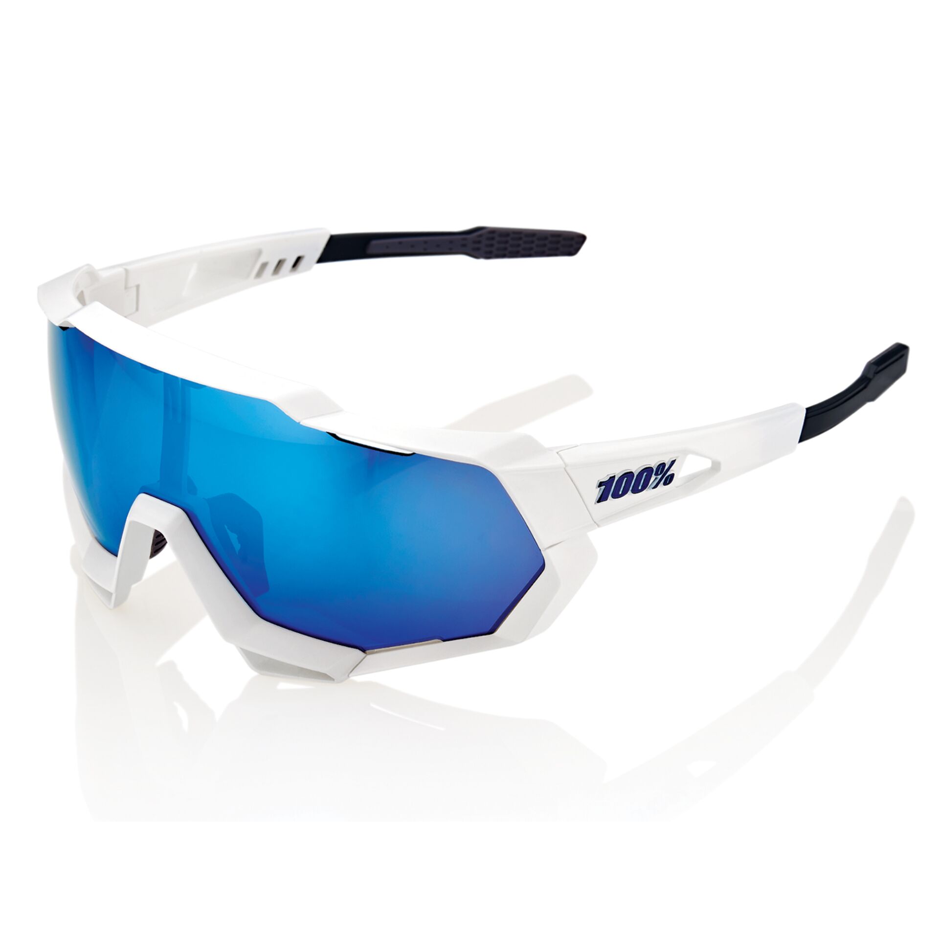Sportsbrille, Blau getönte Gläser, Weißer Rahmen, Polycarbonat, Belüftungsgriffe