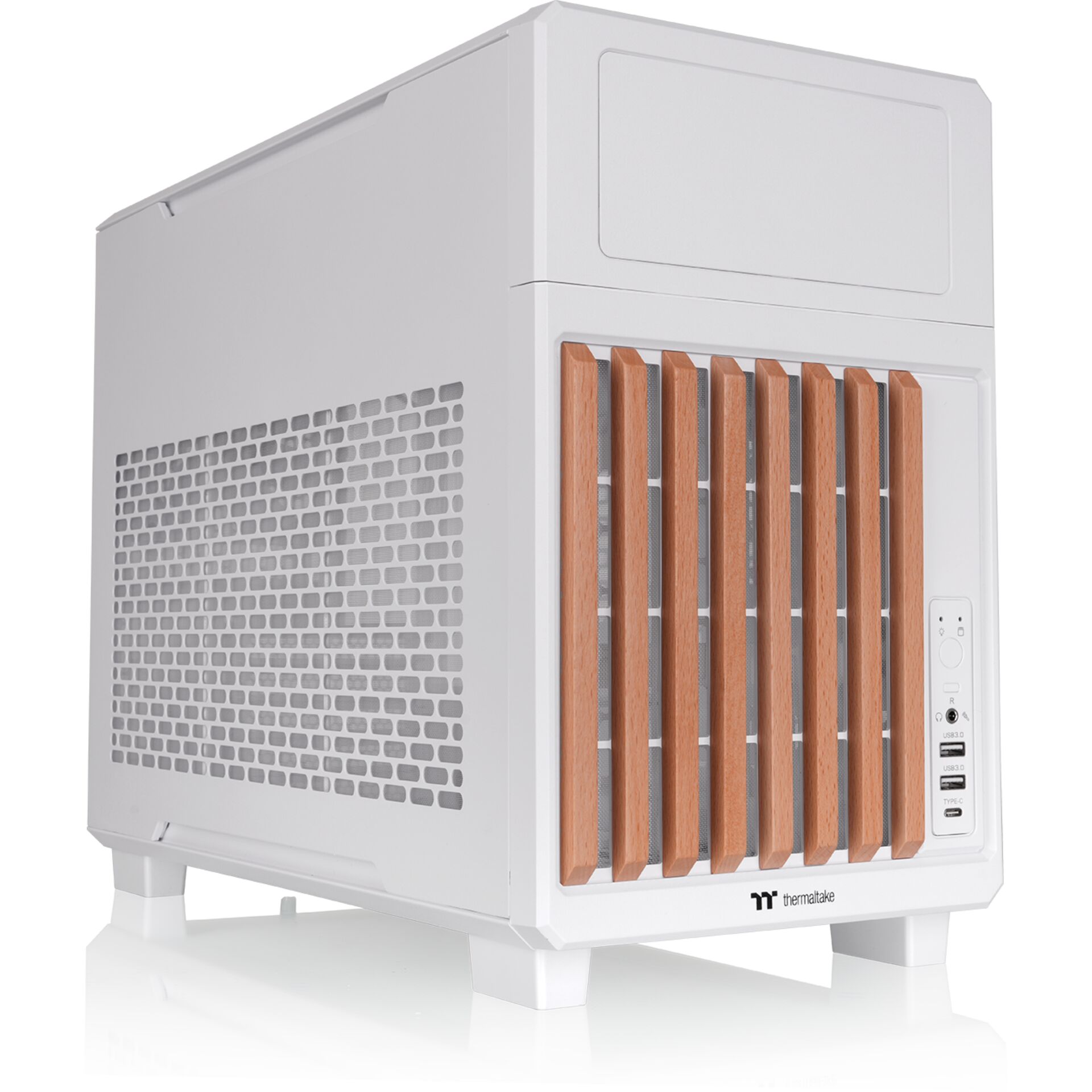 Mini-PC, weißer Gehäuse, Holzlamellen, Vorderfront, Anschlüsse