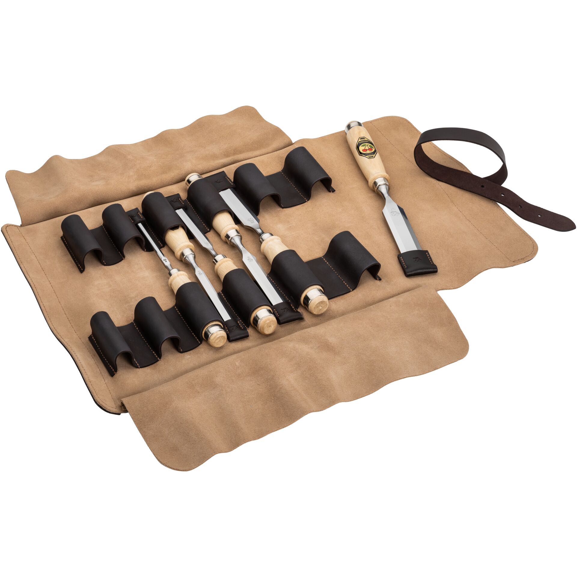 messer-set, Küchenmesser, Holzgriffe, Leder-Rolle, Rolltasche