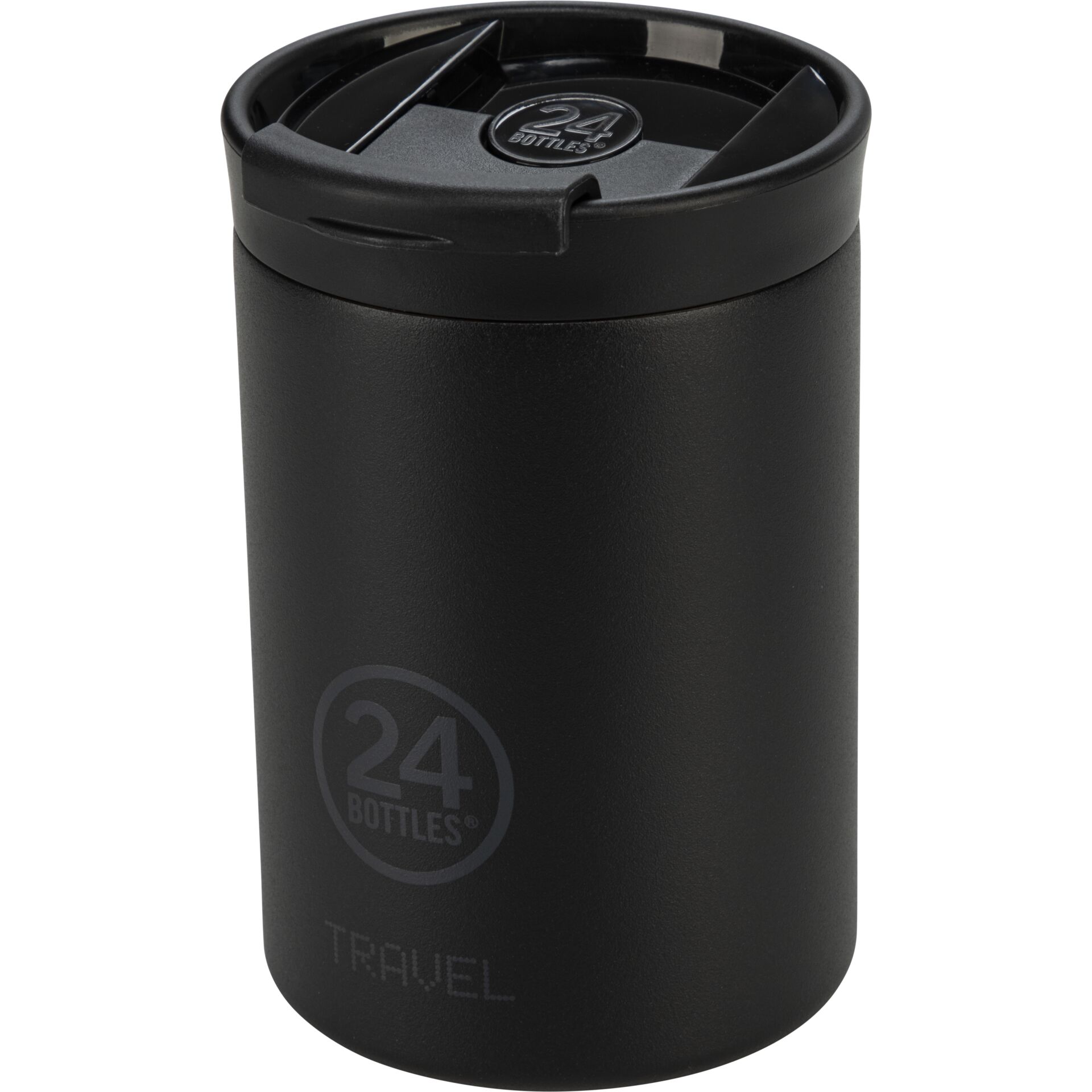 Reisebecher, Isolierte Flasche, Schwarz, Edelstahl, 24 BOTTLES Logo