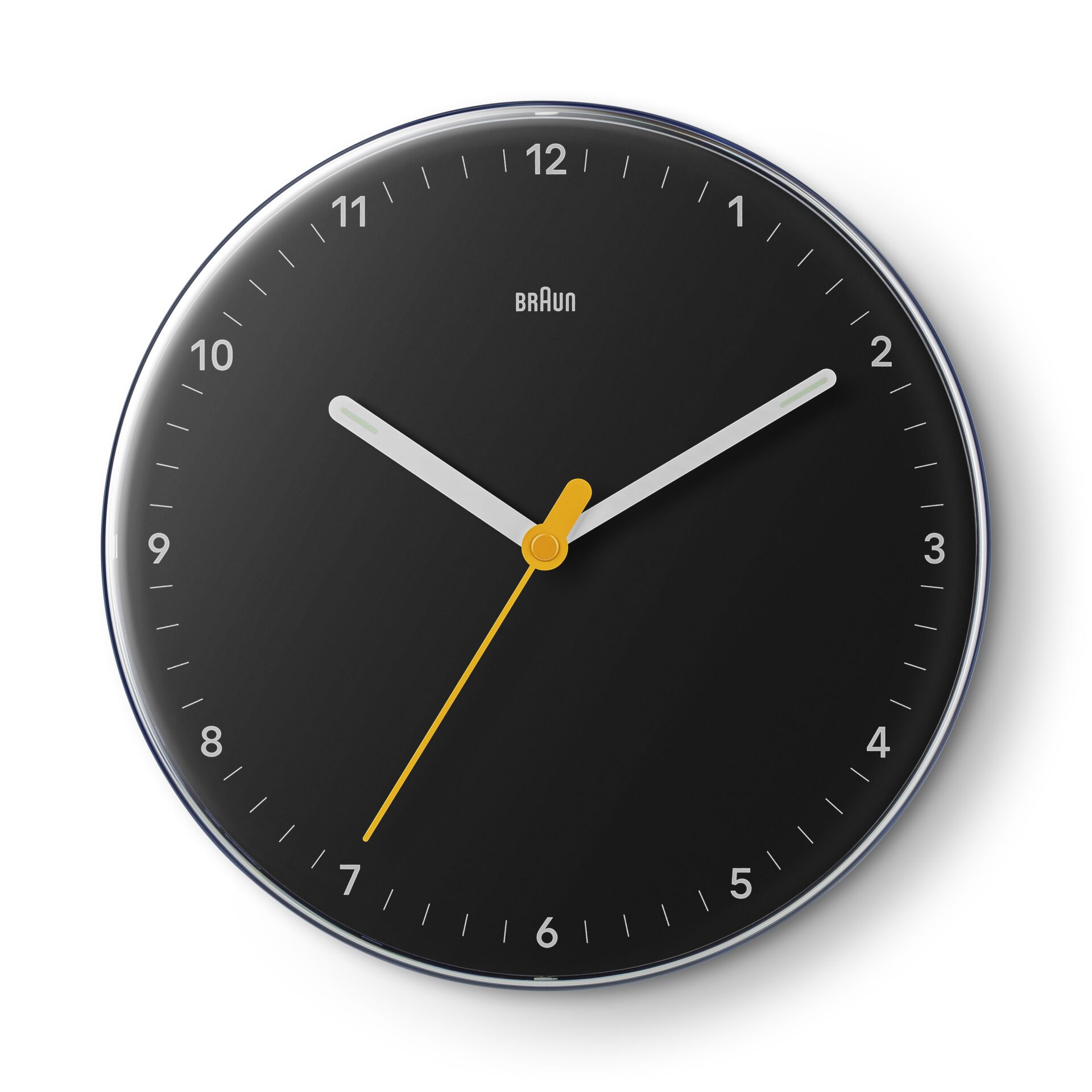 Wanduhr, schwarzes Zifferblatt, analoge Uhr, Rahmen aus Metall, gelber Zeiger