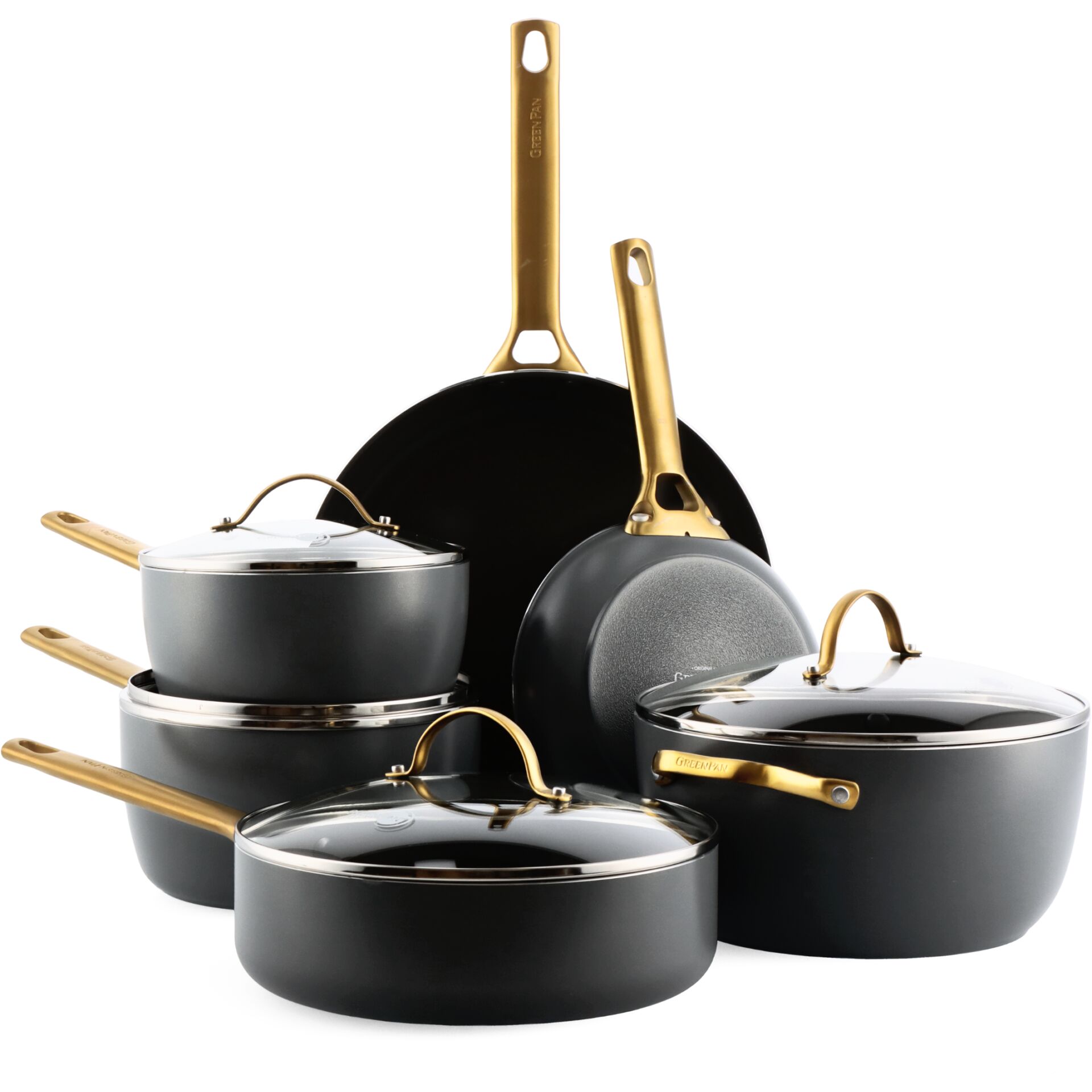 Pfannen-Set, Kasserolle, Töpfe, Beschichtet, Goldgriffe