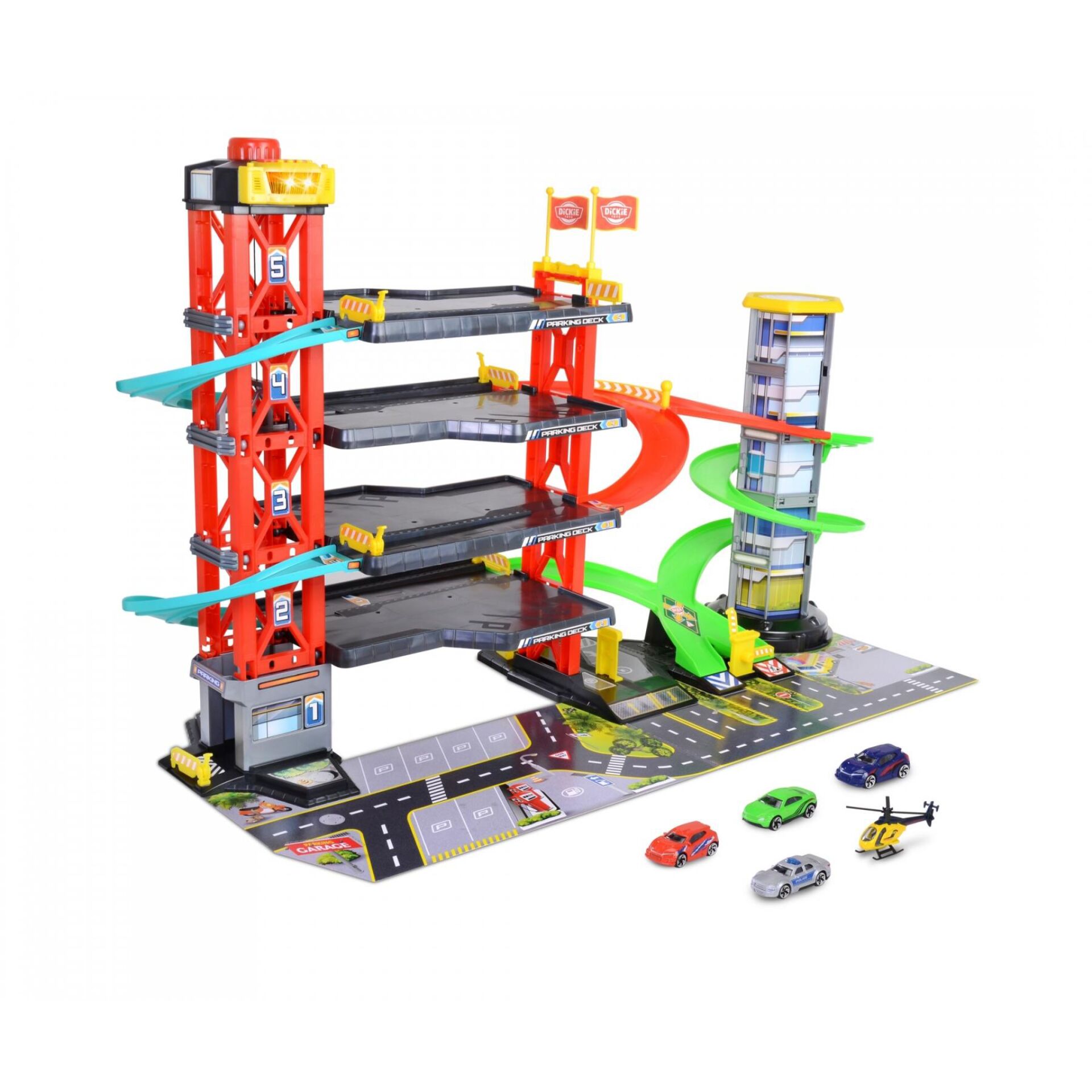Spielzeuggarage, Autostadt, Rutschbahn, Rollbahn, Kleindruckauto