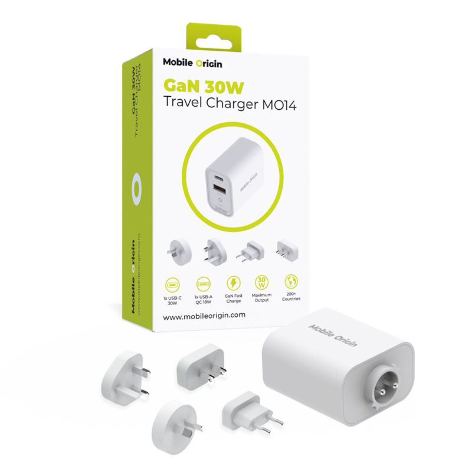 Travel Charger, USB-C 30W, GaN tech, USB-C connector, White charger