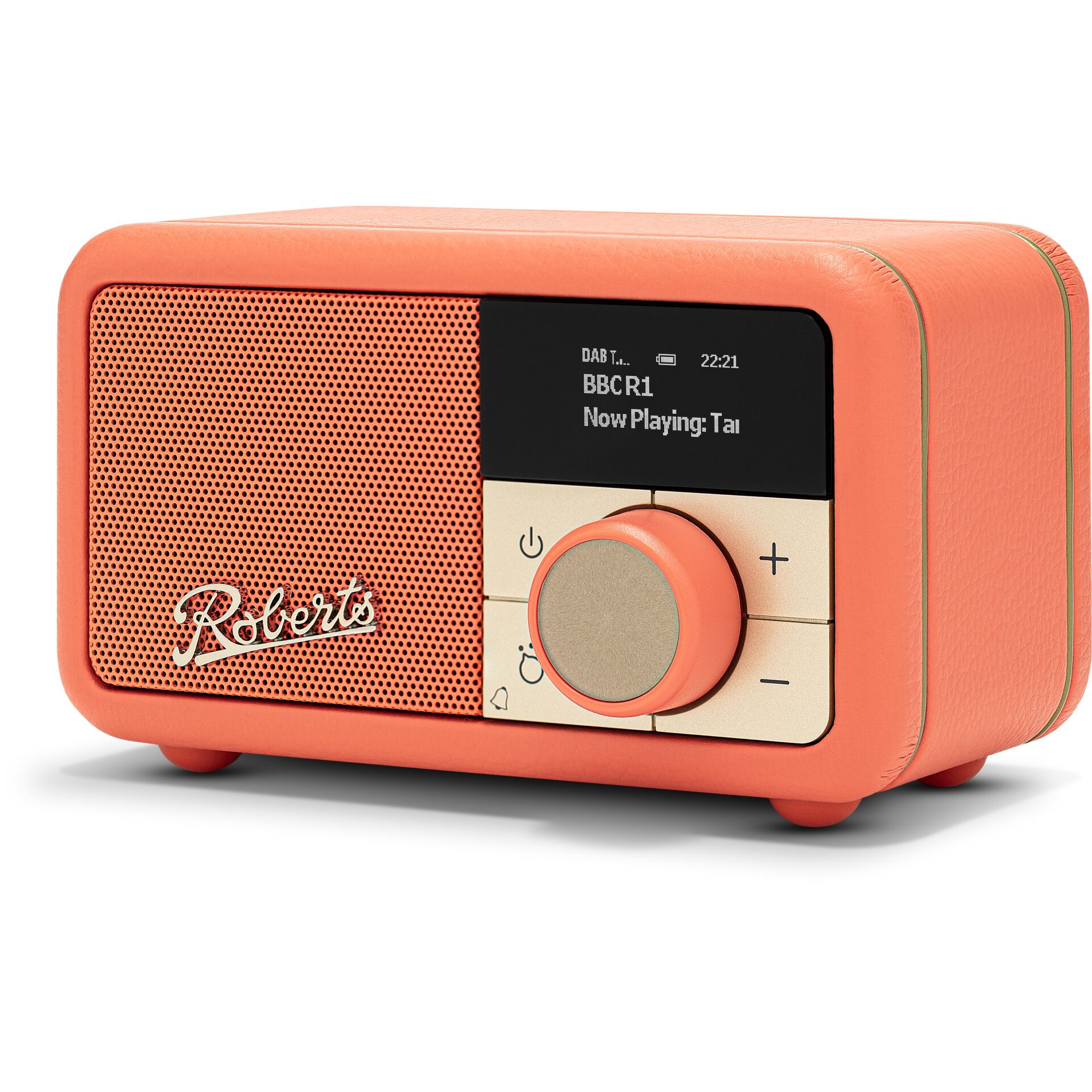 radio, portables, orange, lautsprecher, analoges-drehknopf