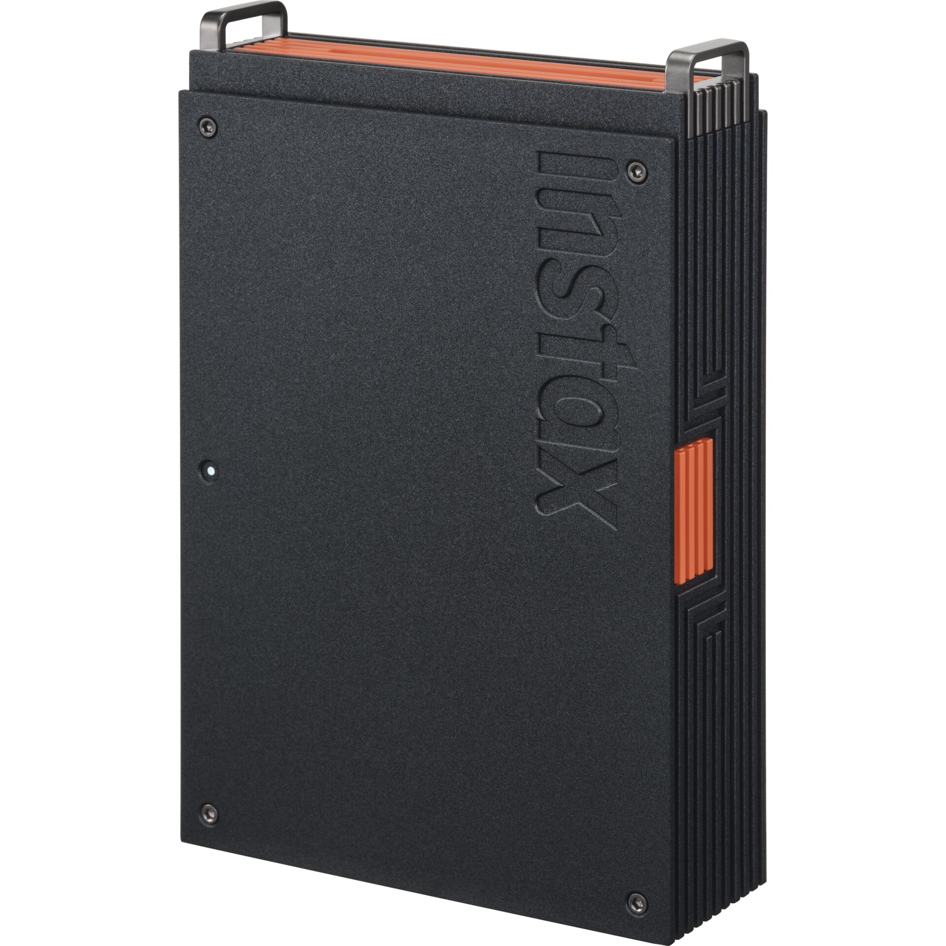 externe SSD, schwarzes Gehäuse, oranger Akzent, tragbar, rechteckig