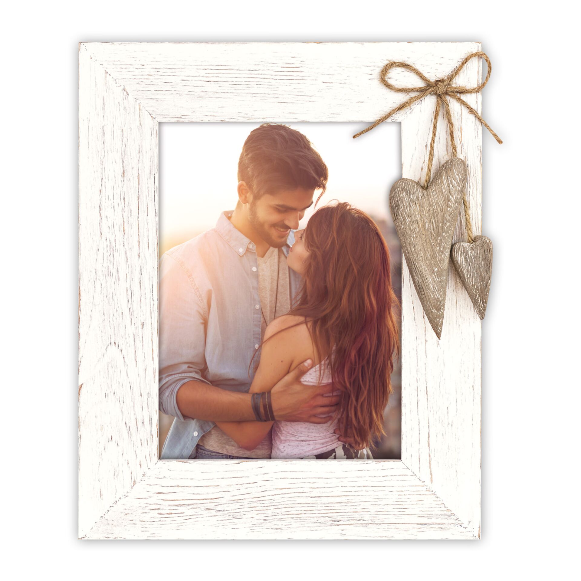 wooden frame, photo frame, heart decor, twine bow, silver hearts