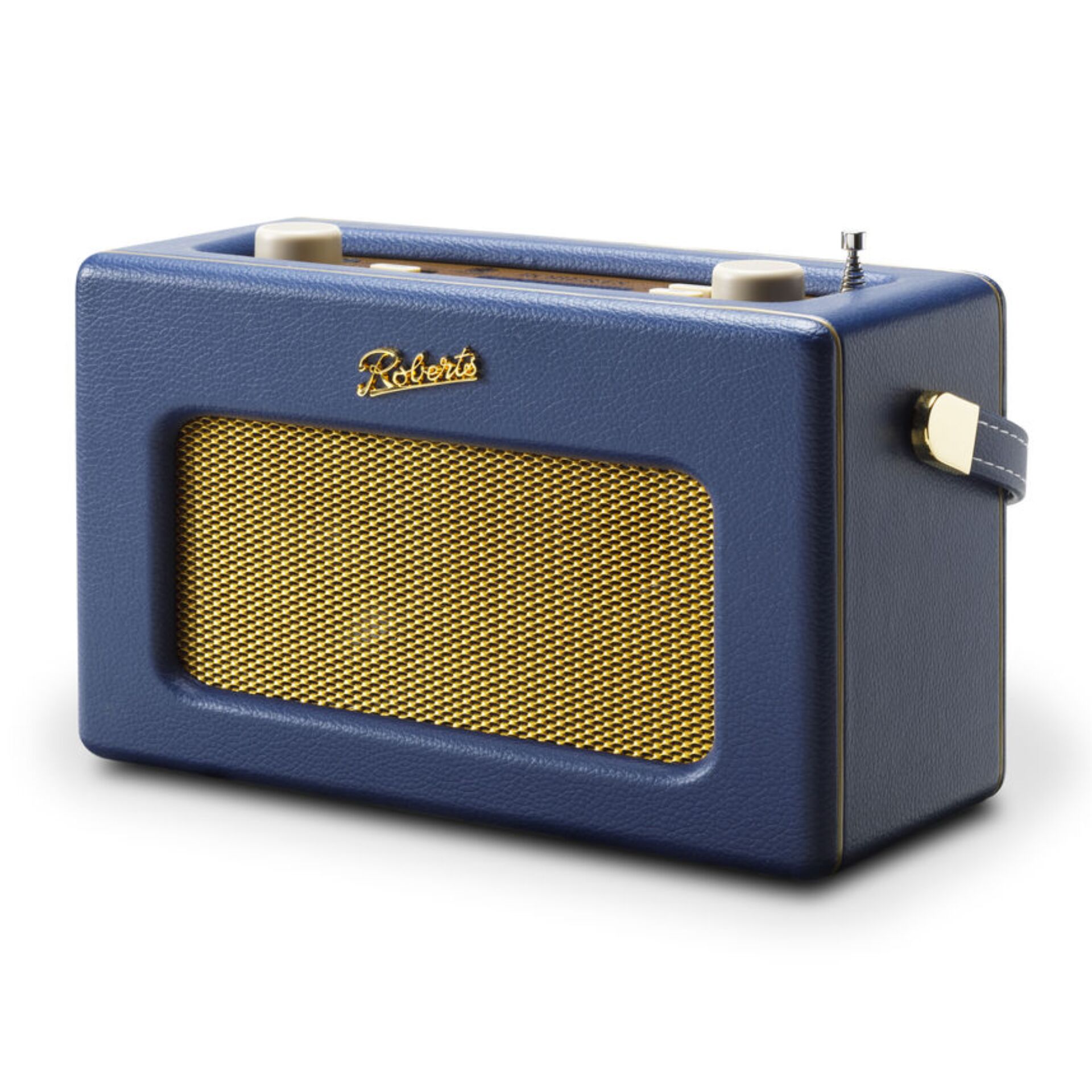 tragbarer lautsprecher, bluetooth-lautsprecher, goldenes gitter, blaues gehäuse, kompaktes design