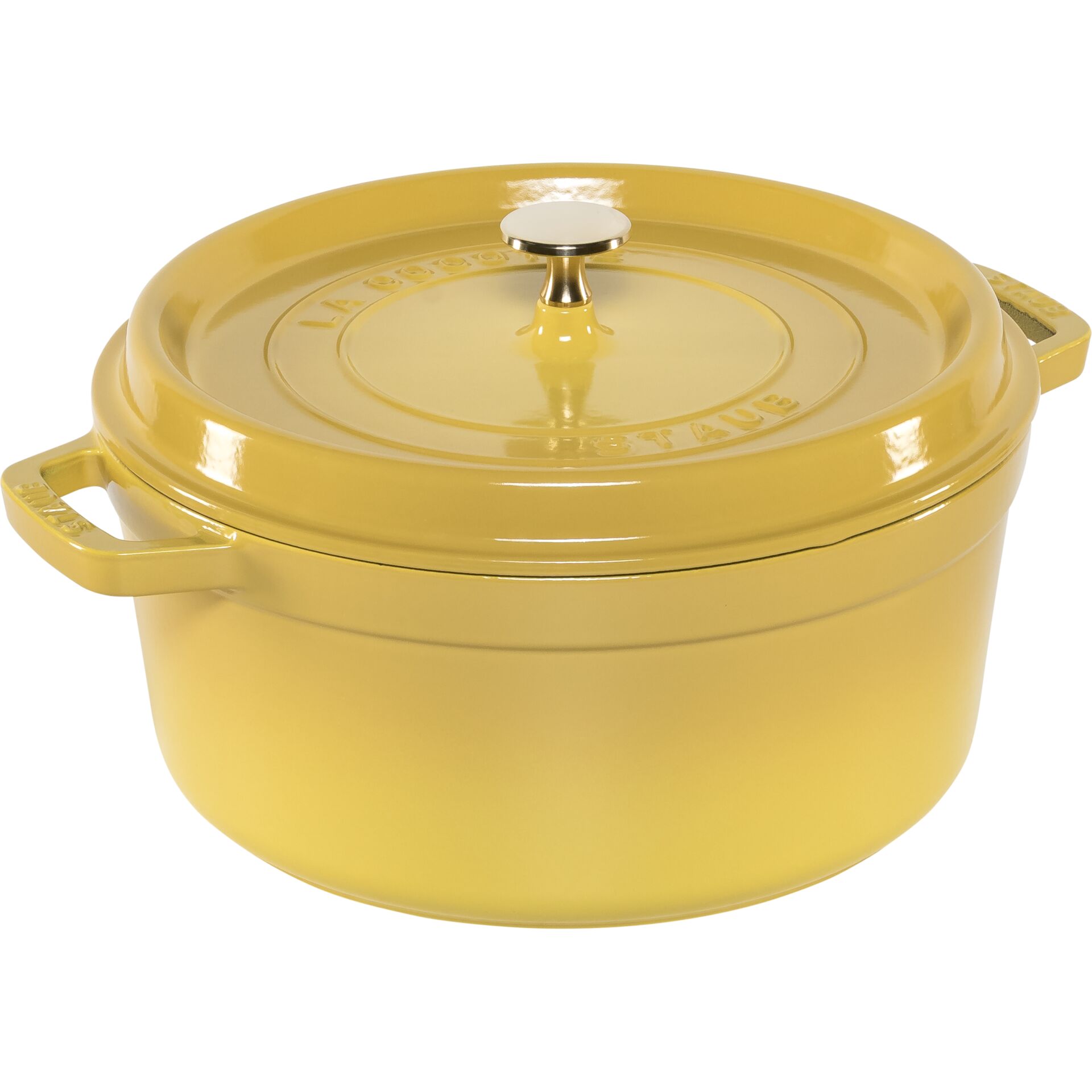 Dutch oven, Gusseiserne?, Emailliert, Gelb, Deckelknopf