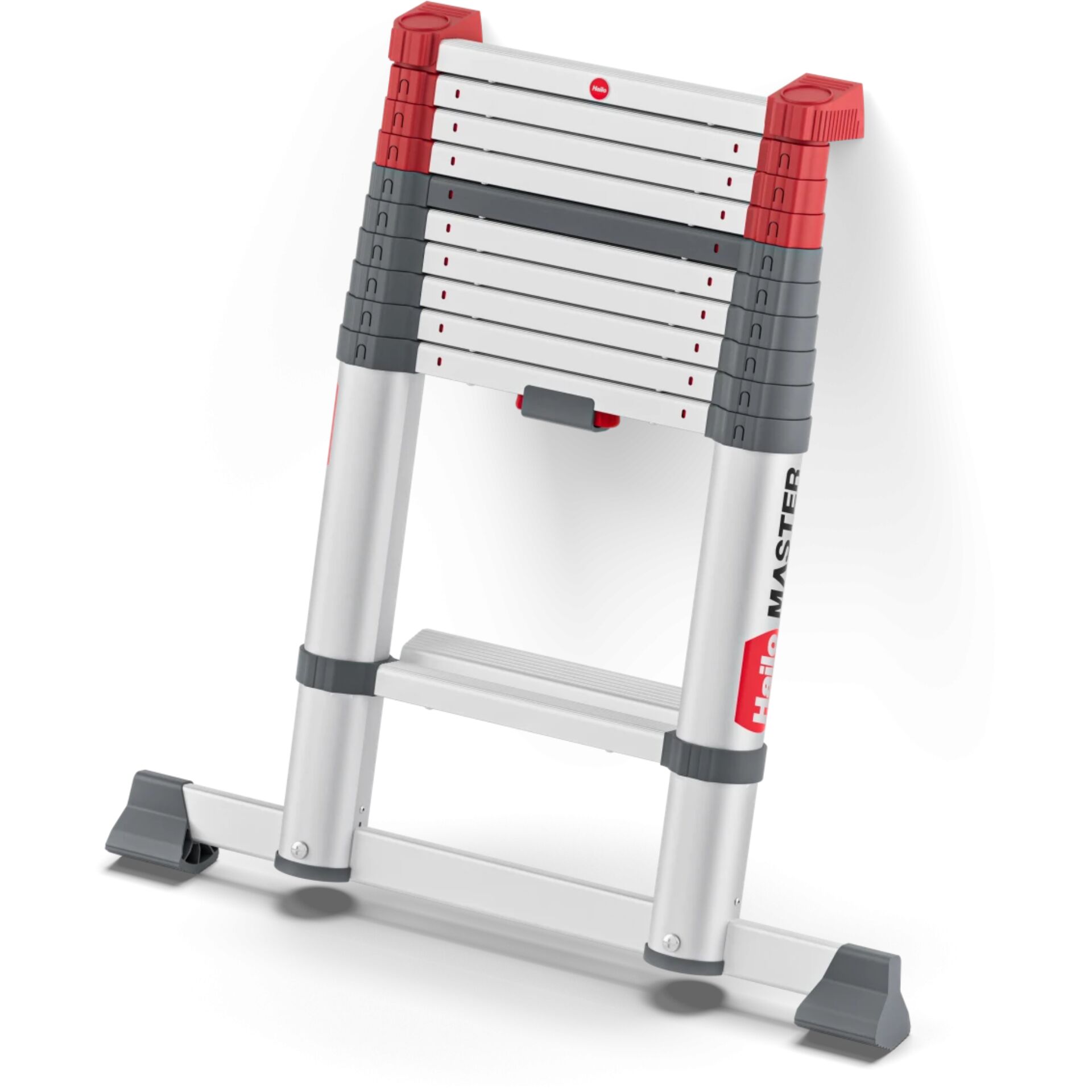 Teleskopleiter, Gestellleiter, faltbar, Aluminium, rote Griffe