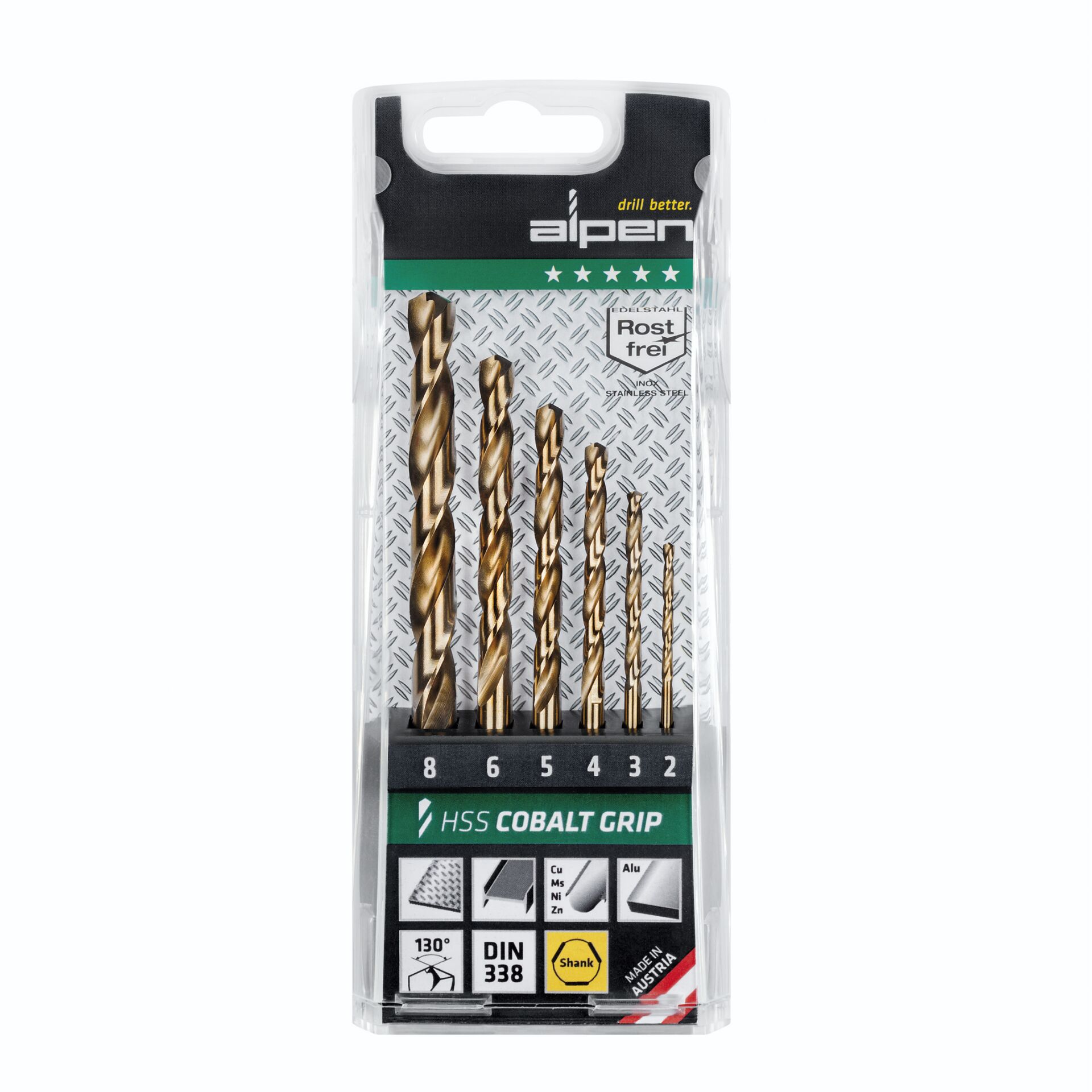 Alpen Kassette HSS Cobalt GRIP 3  -kant TM 6, 2-3-4-5-6-8