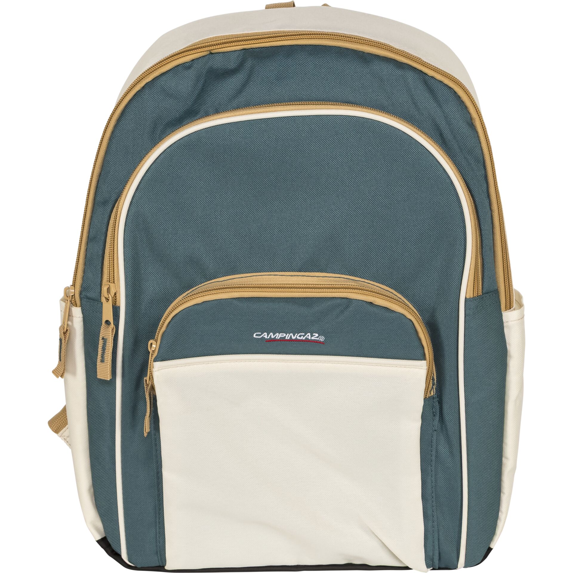 Rucksack, blaues Design,  sandfarbene Reißverschlüsse, Vordertasche, Camping