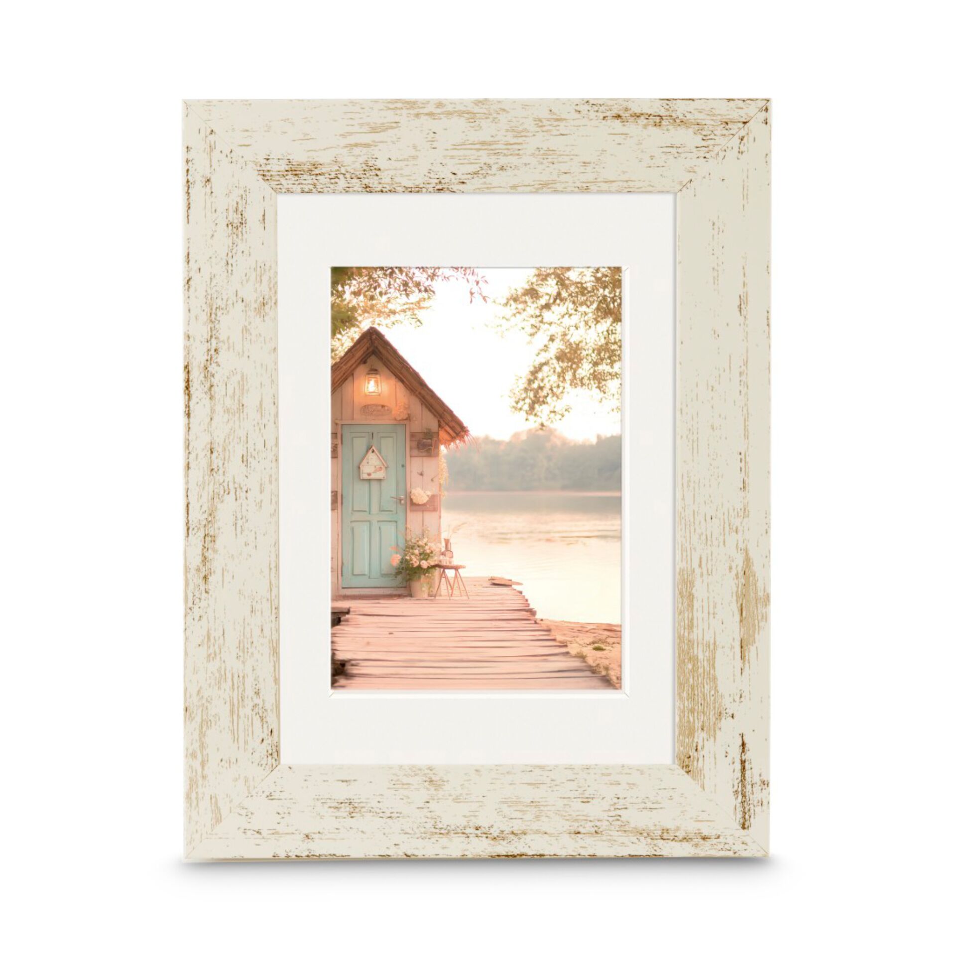 foto rahmen, weißer rahmen, holzrahmen, shabby chic, sonnenuntergangsmotiv