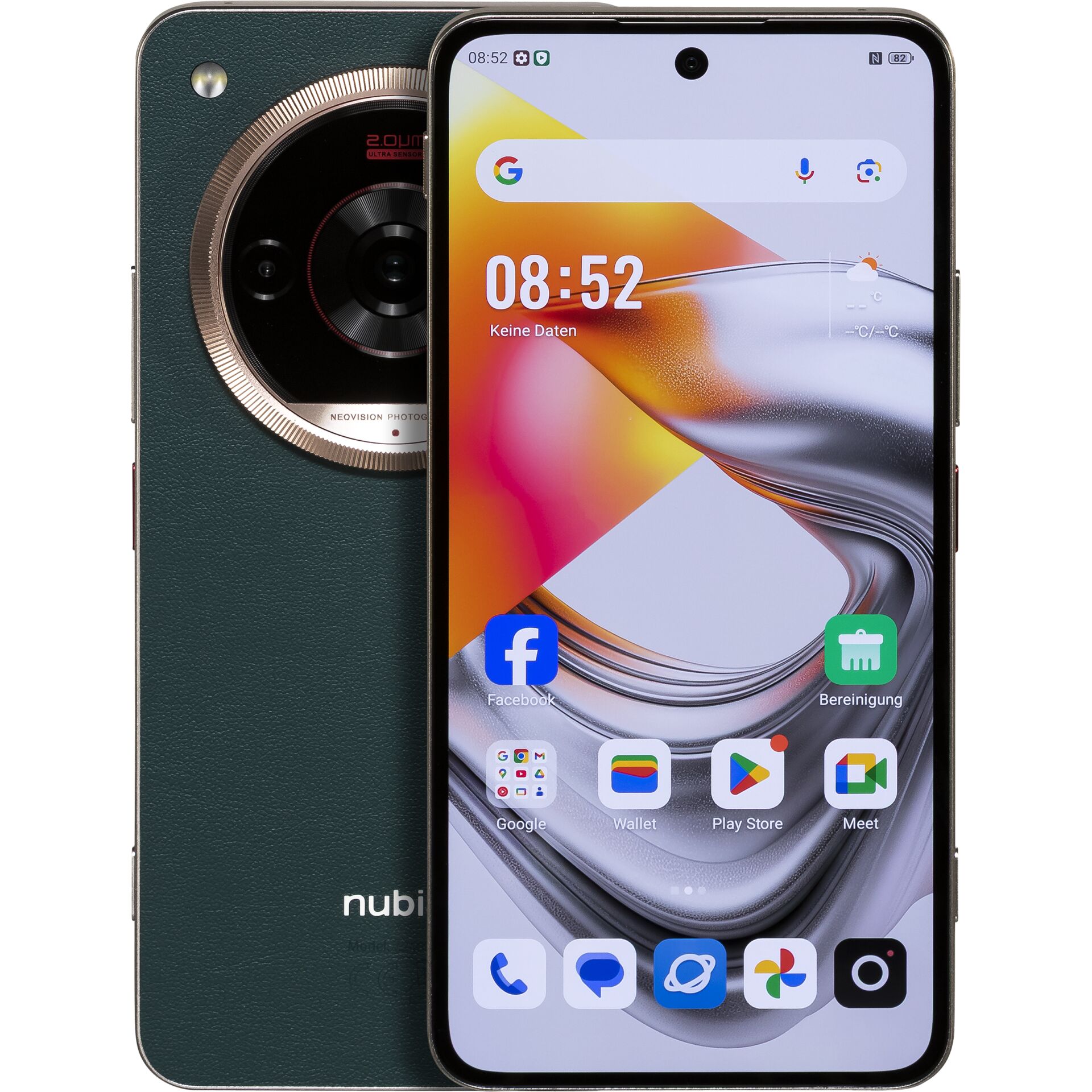 Smartphone, Dual-tone camera, Frontkamera Loch, Grüner Rücken, Android-Launcher