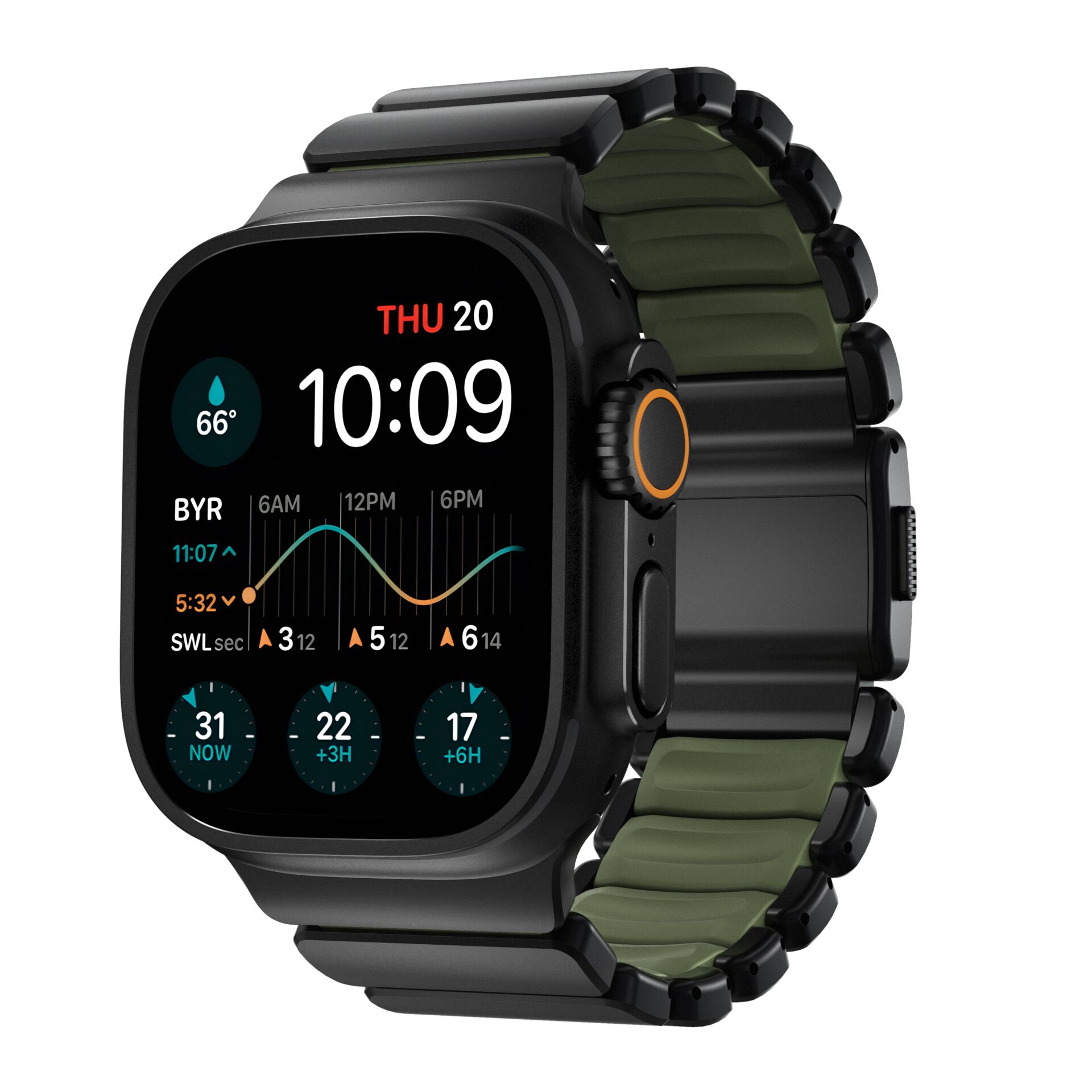 Smartwatch, Digital display, Metal case, Expandable band, Schwarz-Grünfarbene Band
