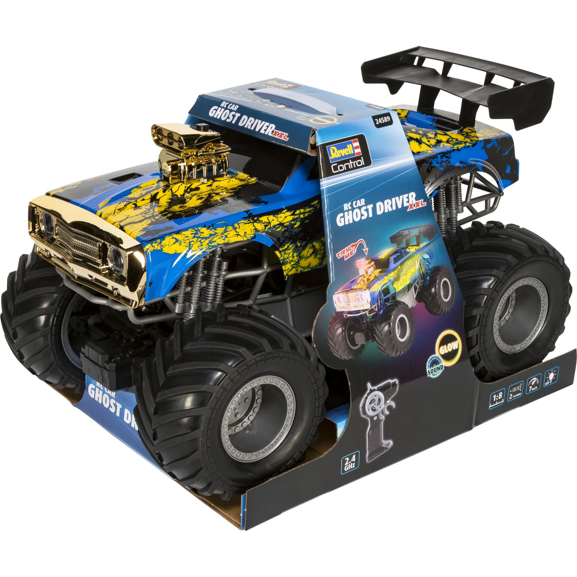 RC-Auto, Monster-Truck, Leuchteffekt, Große-Reifen, Blau-Gelb