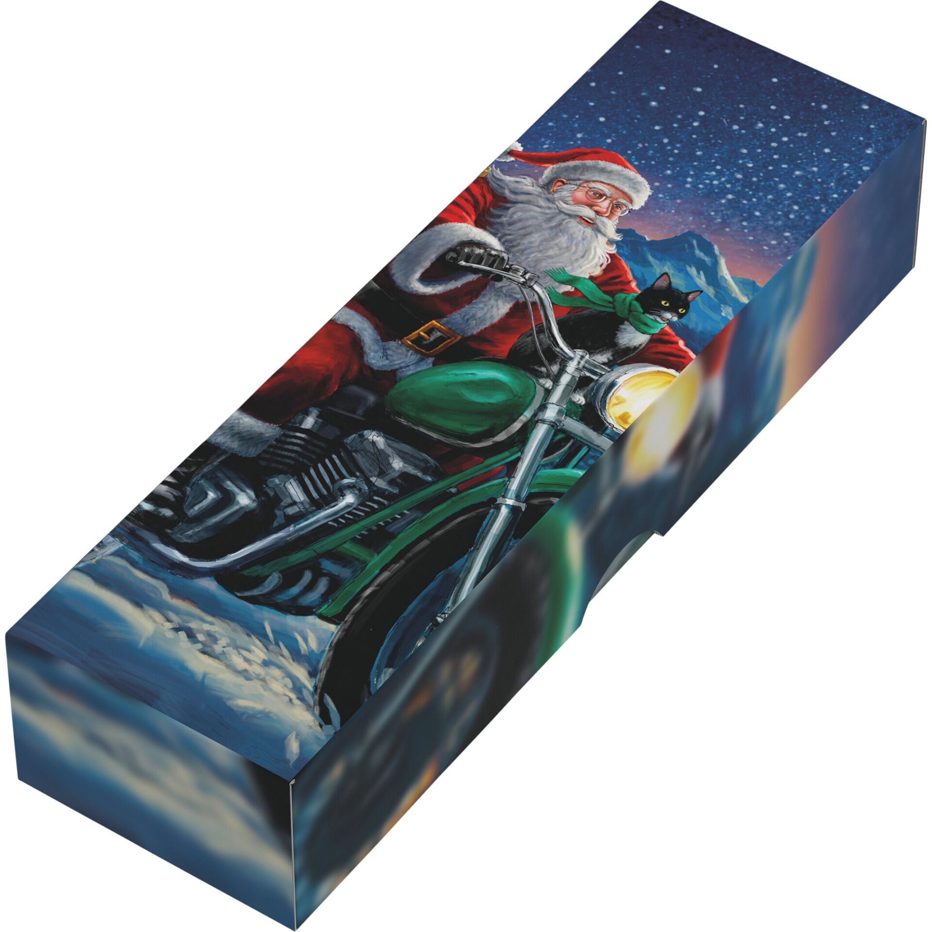 Weihnachtsmotorrad, Santa Claus, Schneestimmung, Comic-Illustration, Verpackungskarton