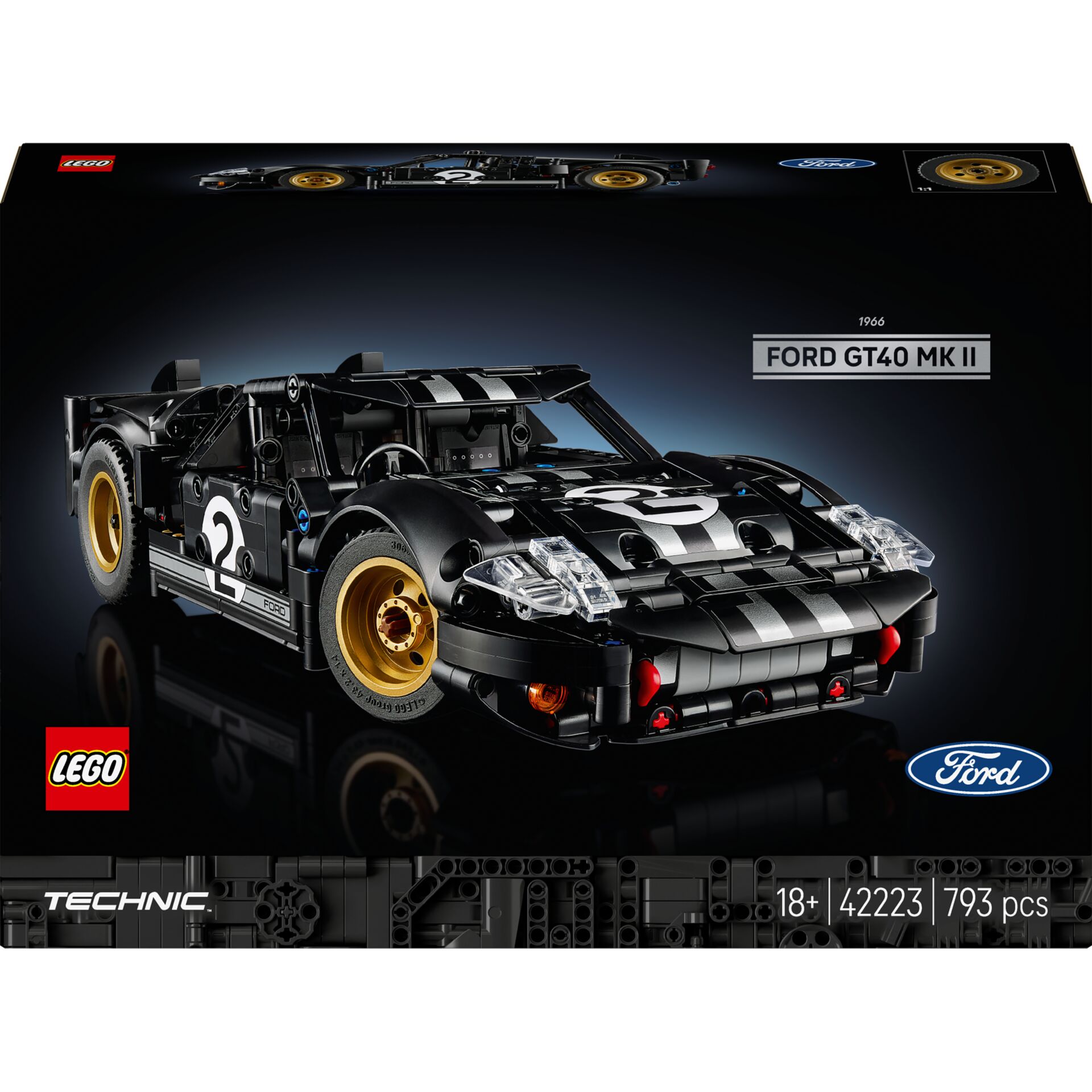 Lego Technic, Ford GT40 MK II, Rennwagen, Schwarz, Gummireifen gold