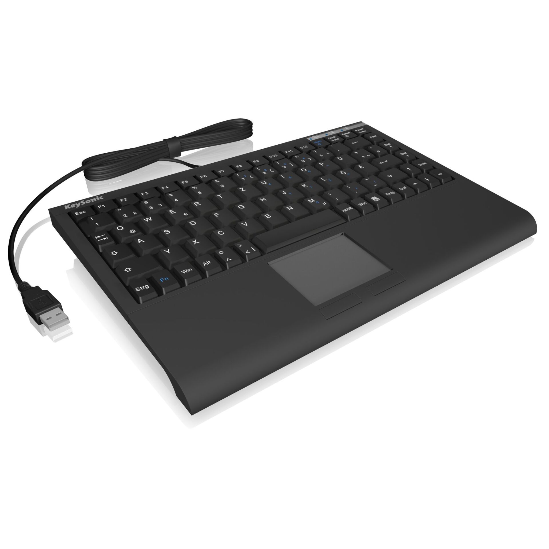 KeySonic Tastatur, ergonomische Tastatur, verkabelt USB, schwarze Tastatur, Touchpad