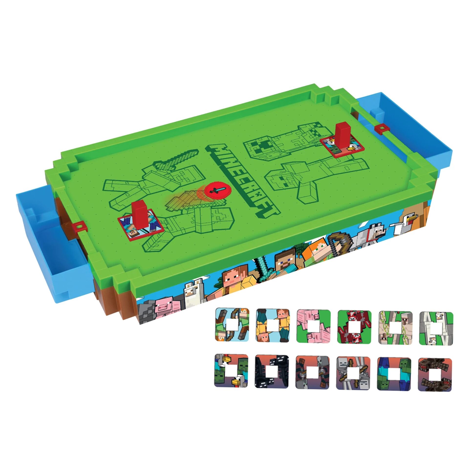 minecraft, brettspiel, bausatz, grüner tray, minifiguren