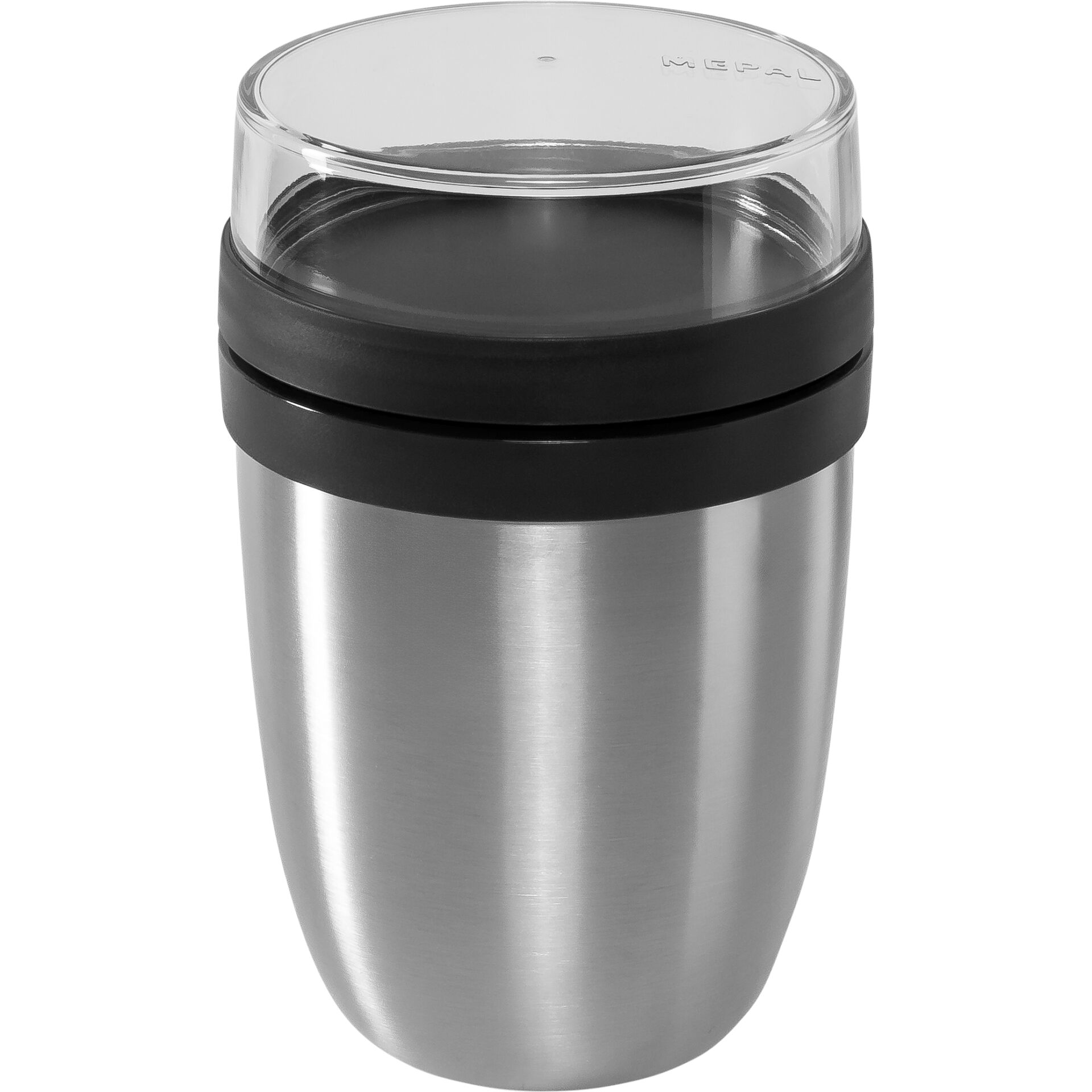 Travelbecher, Edelstahl, schwarzer Deckel, isoliert, Tumbler