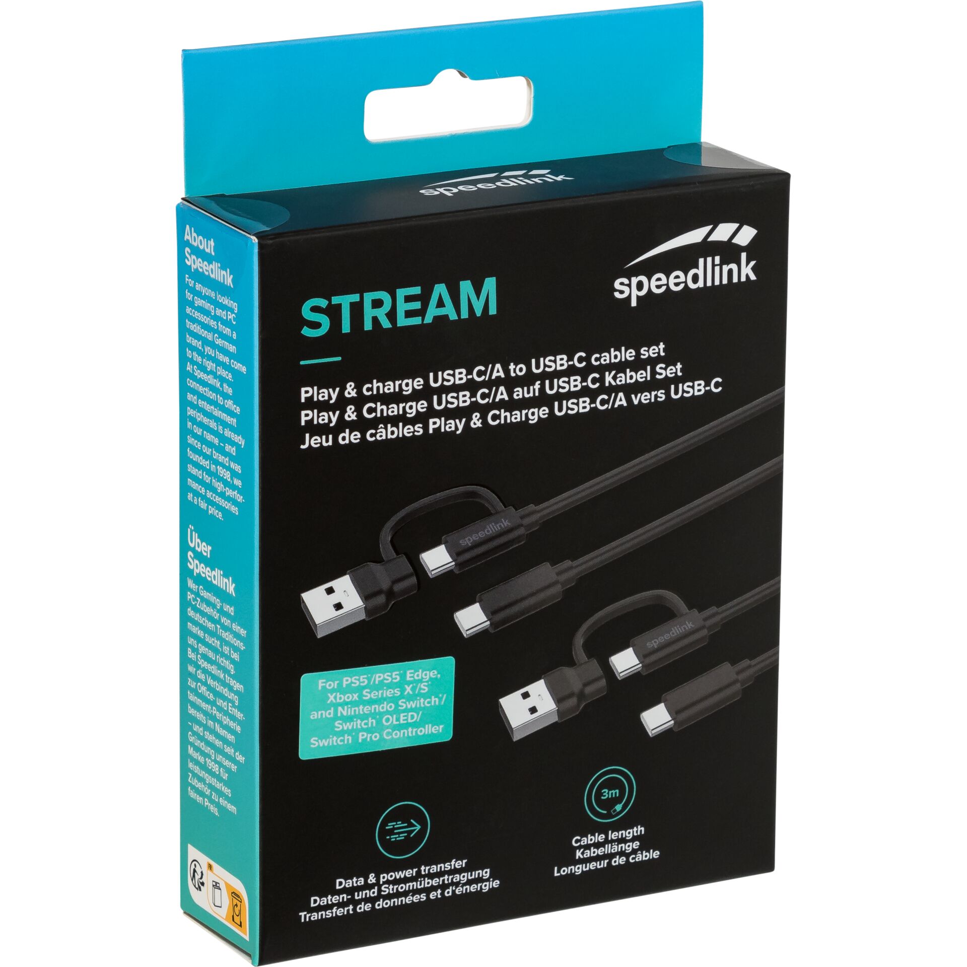 USB-C Kabel, Ladekabel, 3 m Länge, schwarzes Kabel, Play & Charge Set