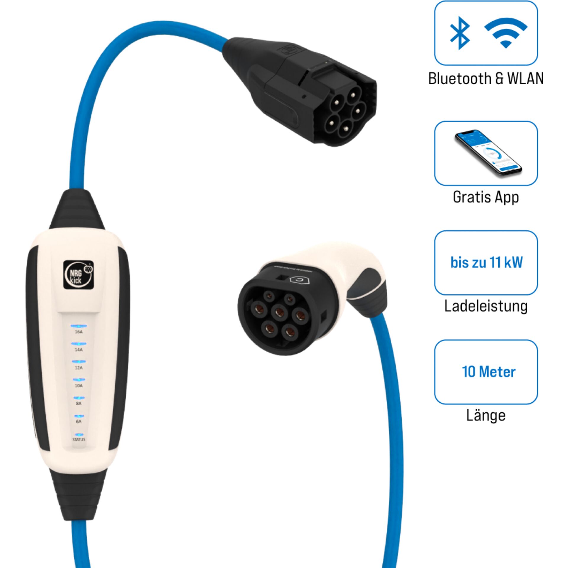 Adapter, Elektronik, e-bike charger, 7-poliger Stecker, 14A/16A Ports, 10 Meter Kabel, blaues Kabel