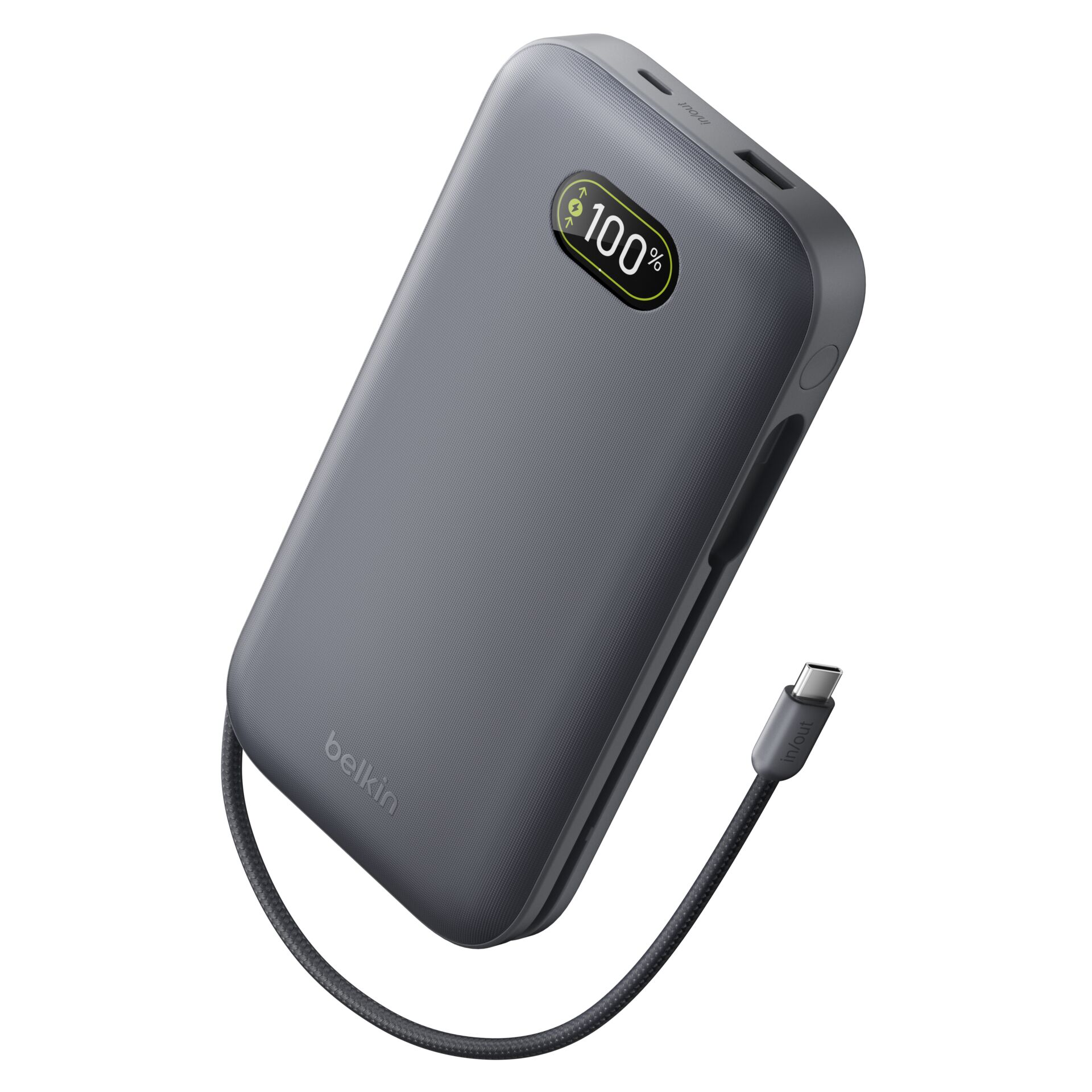 Powerbank, 100%, USB-C, Kabelloses Laden, Schlankes Grau