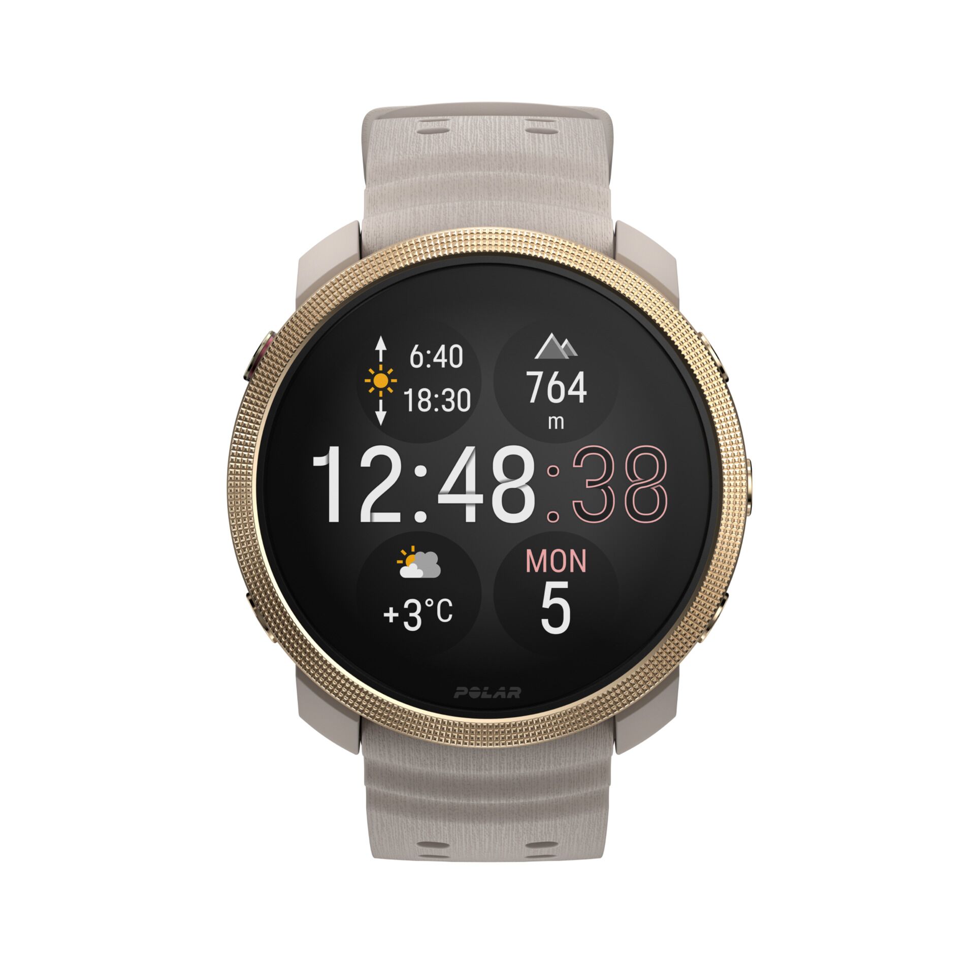 Smartwatch, Digital display, Leather strap, Gold bezel, Pulse-ready
