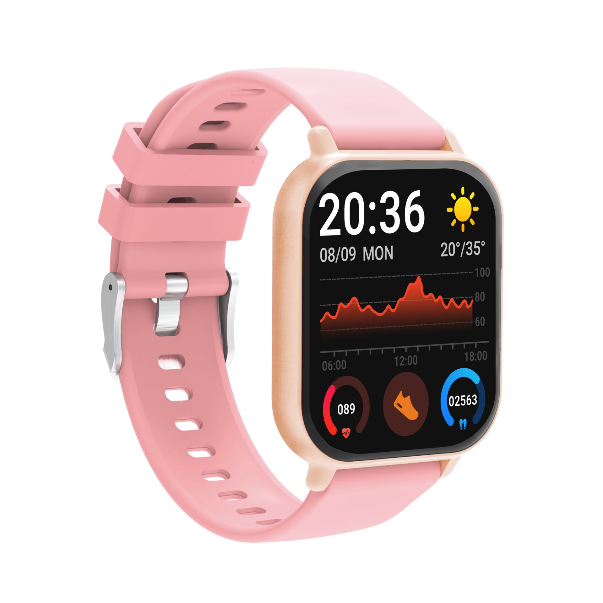 smartwatch, pink strap, digital display, square face, wearable device